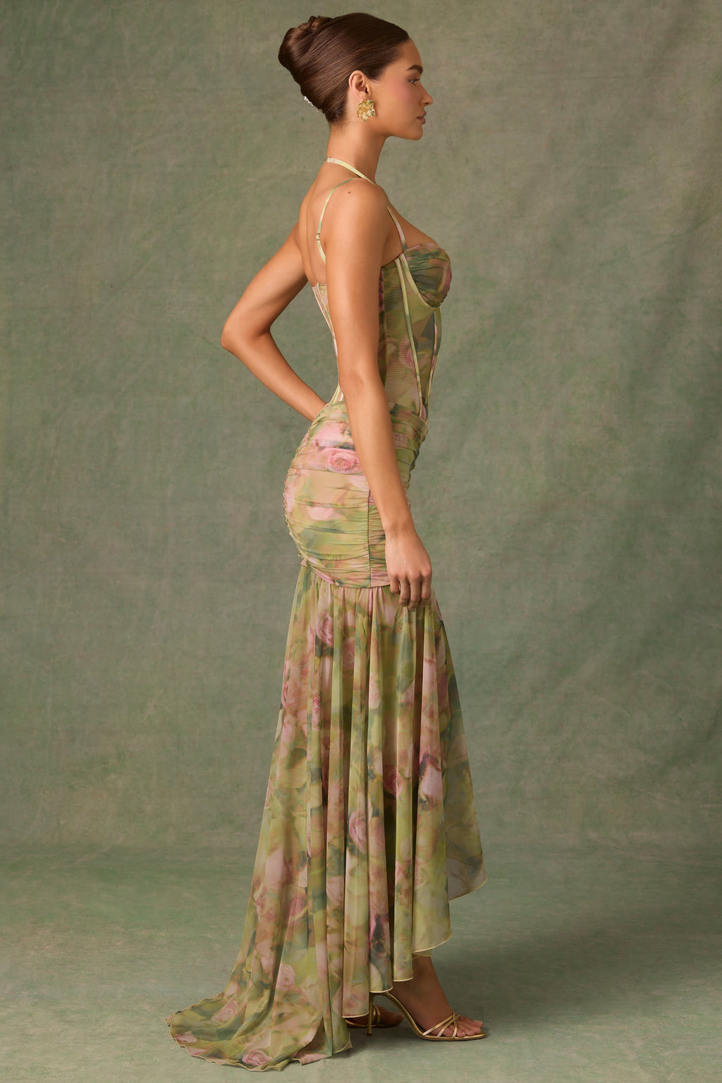 Ruched Asymmetric Corset Gown in Floral Multi Print