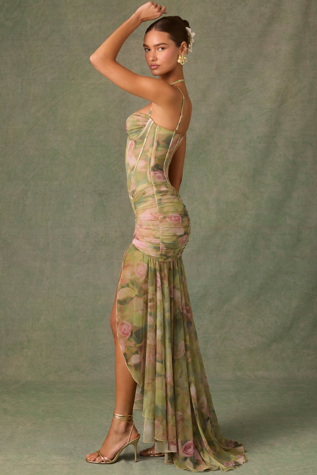 Ruched Asymmetric Corset Gown in Floral Multi Print