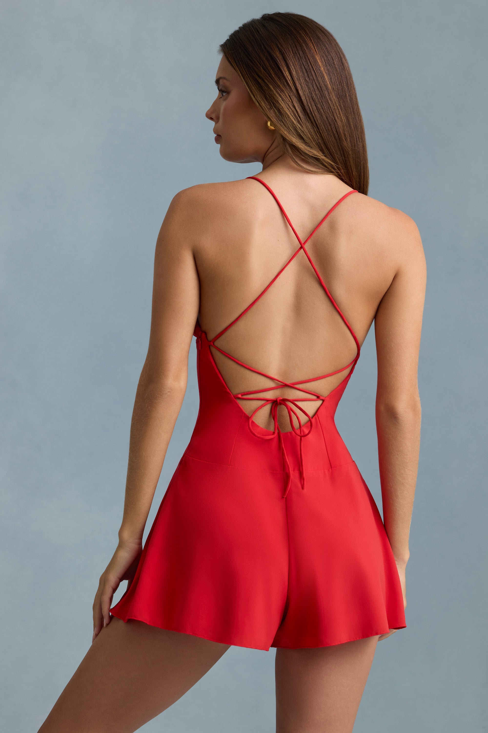 Ruched Backless Playsuit in Scarlet Red