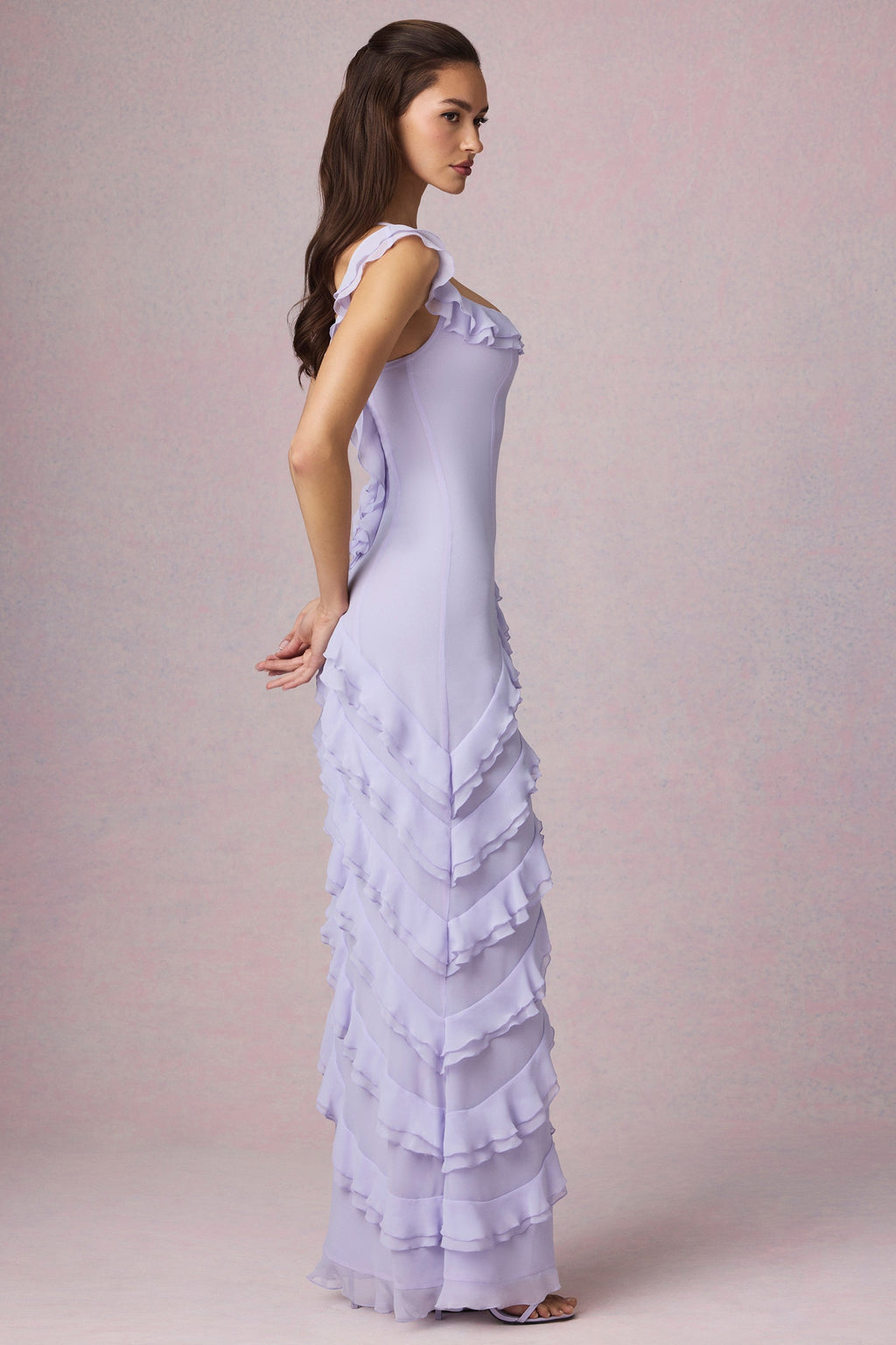 Asymmetric Ruffled Lace-Up Gown in Lilac