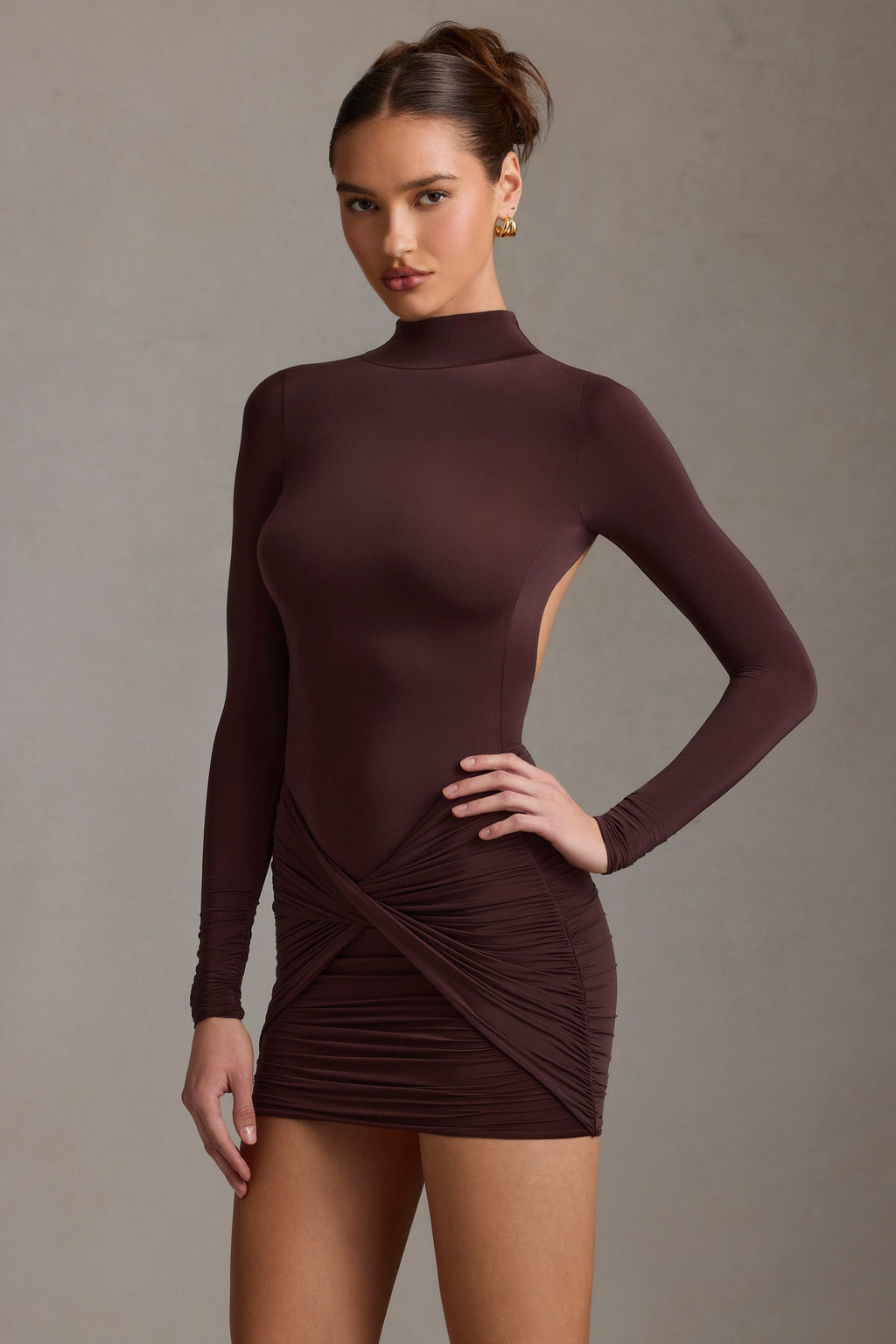 Ruched Backless Turtleneck Mini Dress in Chocolate Brown