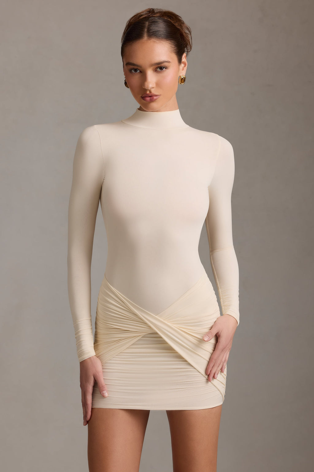 Ruched Backless Turtleneck Mini Dress in Ivory