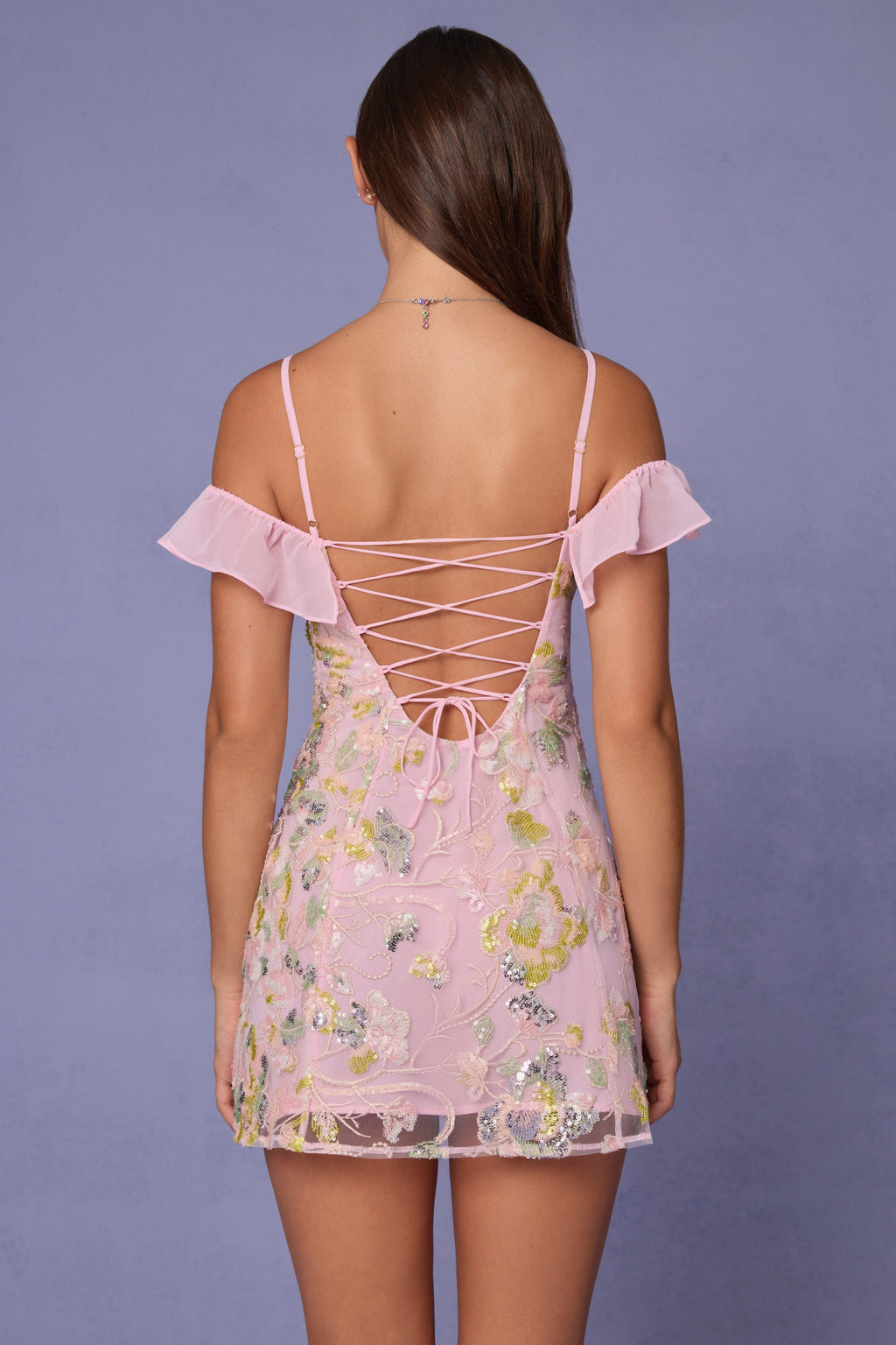 Embellished Lace-Up A-Line Mini Dress in Soft Pink