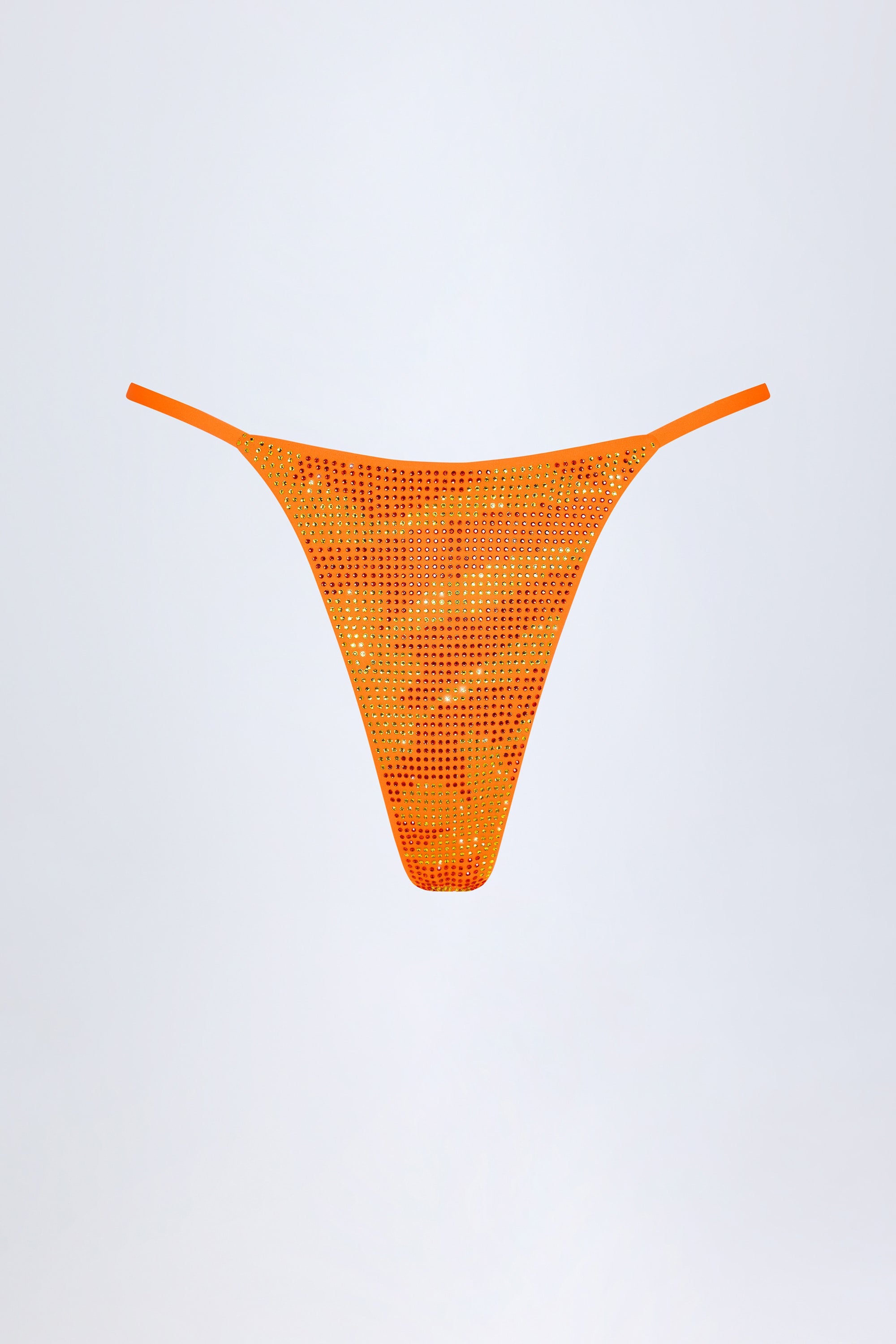 Embellished Thong Bikini Bottoms in Orange Tropical Print
