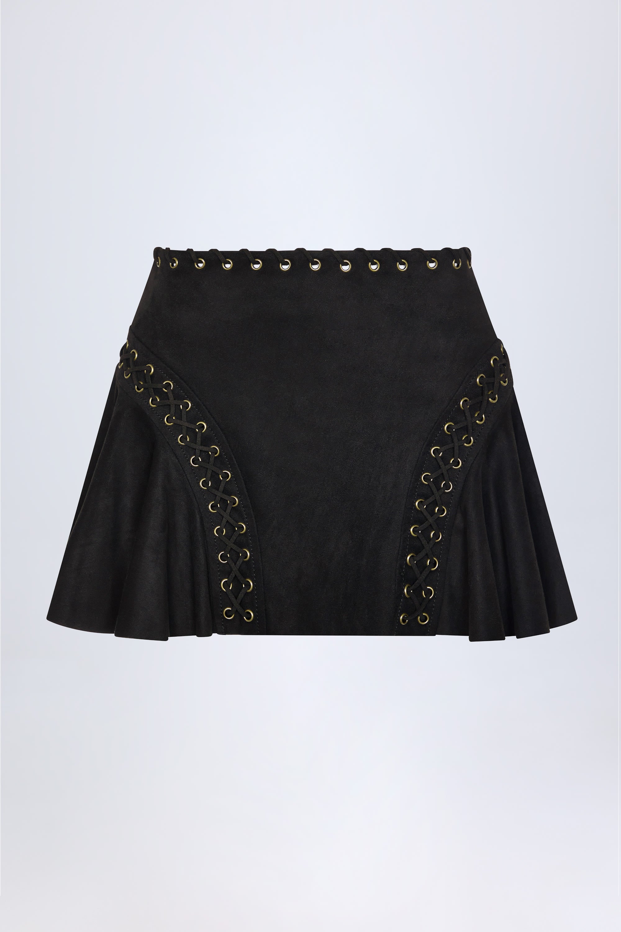 Lace-Up Mid-Rise Mini Skirt in Black