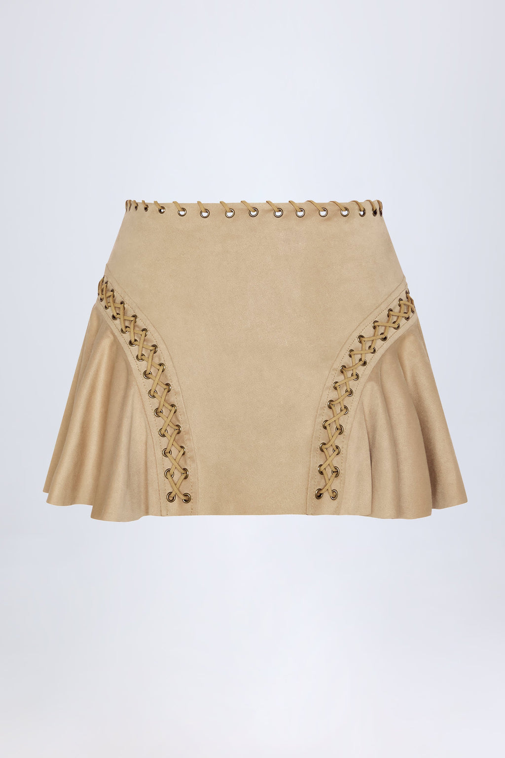 Lace-Up Mid-Rise Mini Skirt in Tan