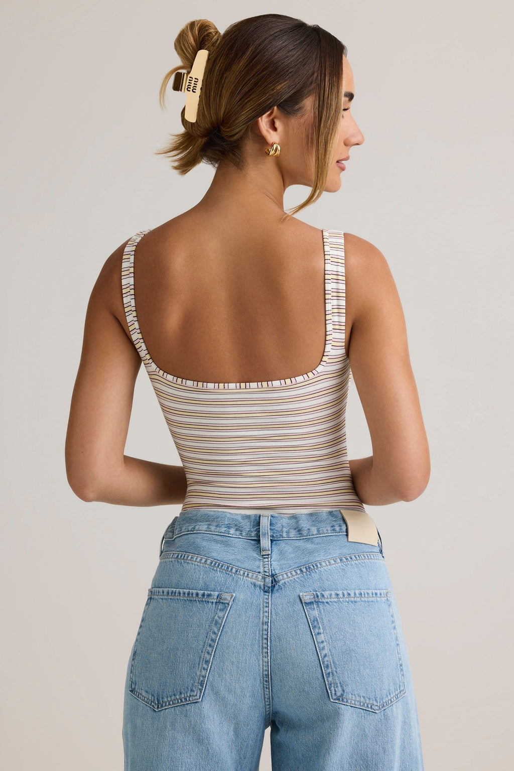 Modal Square-Neck Bodysuit in Pink Yellow Stripe