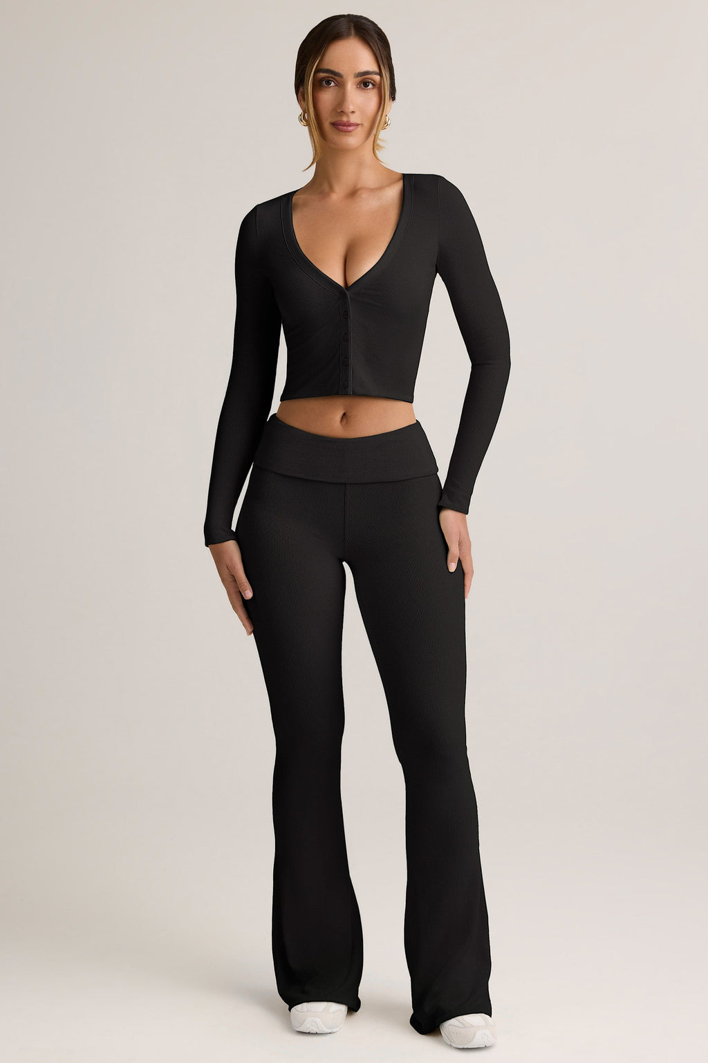 Modal Ribbed Foldover Flared Trousers in Black