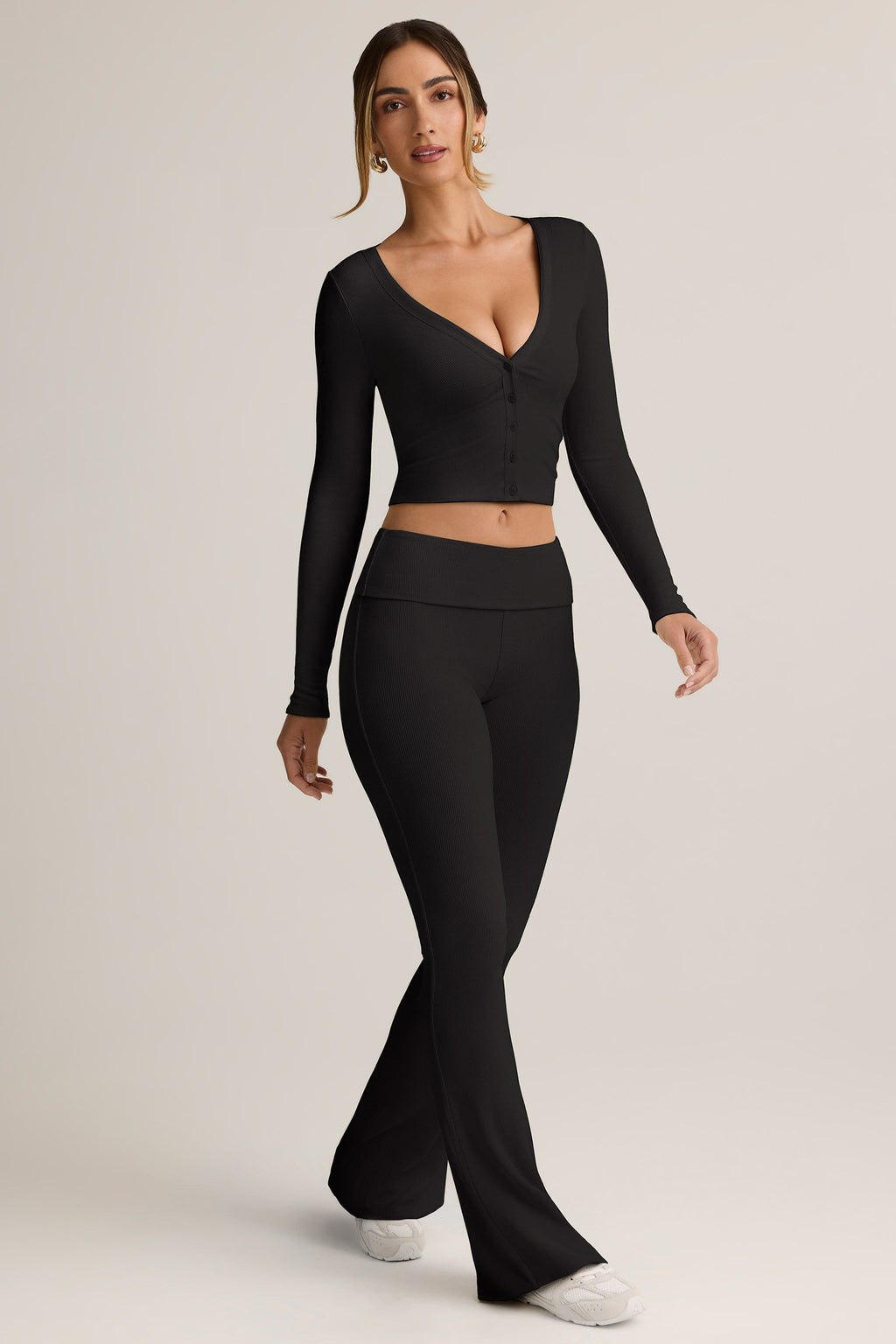 Modal Ribbed Foldover Flared Trousers in Black