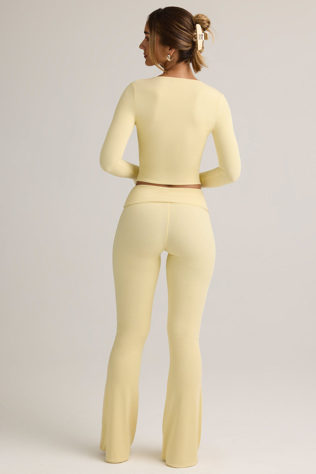 Modal Ribbed Foldover Flared Trousers in Buttercream Yellow