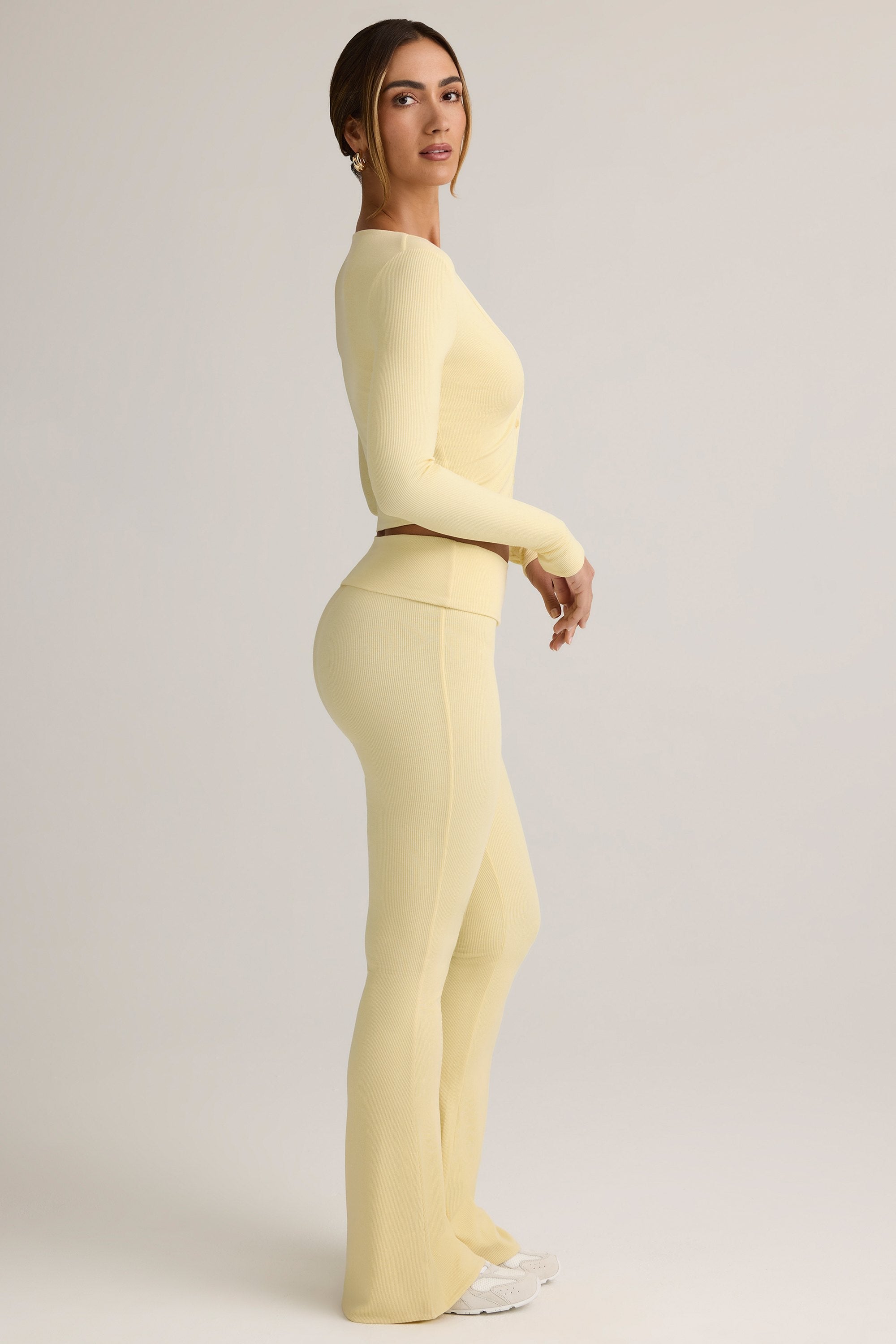 Modal Ribbed Foldover Flared Trousers in Buttercream Yellow