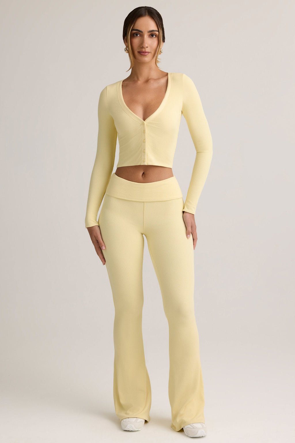 Modal Ribbed Foldover Flared Trousers in Buttercream Yellow
