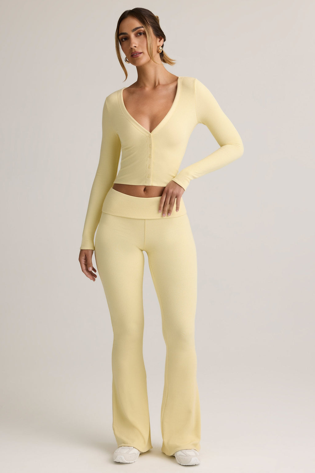 Modal Ribbed Foldover Flared Trousers in Buttercream Yellow