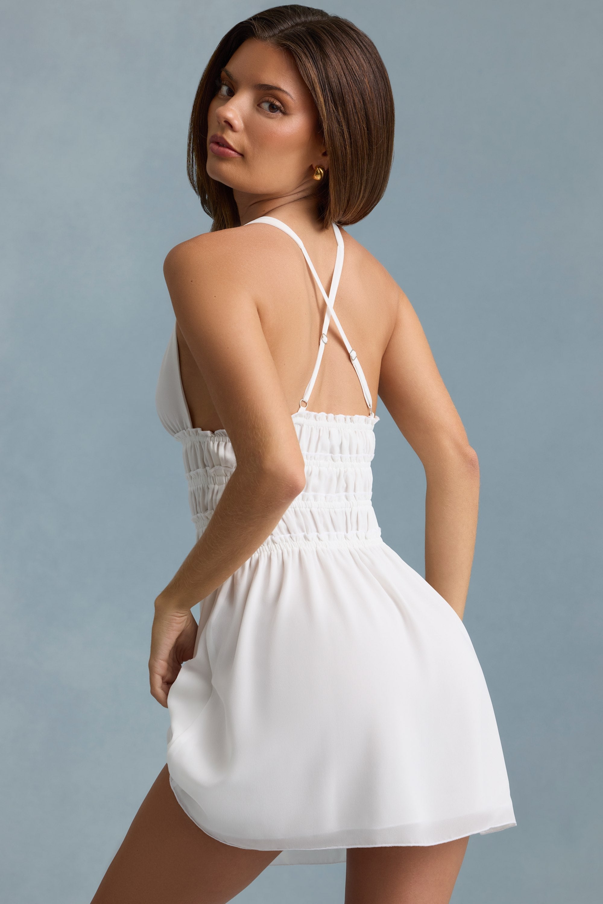 Plunge Cross-Back Mini Dress in White