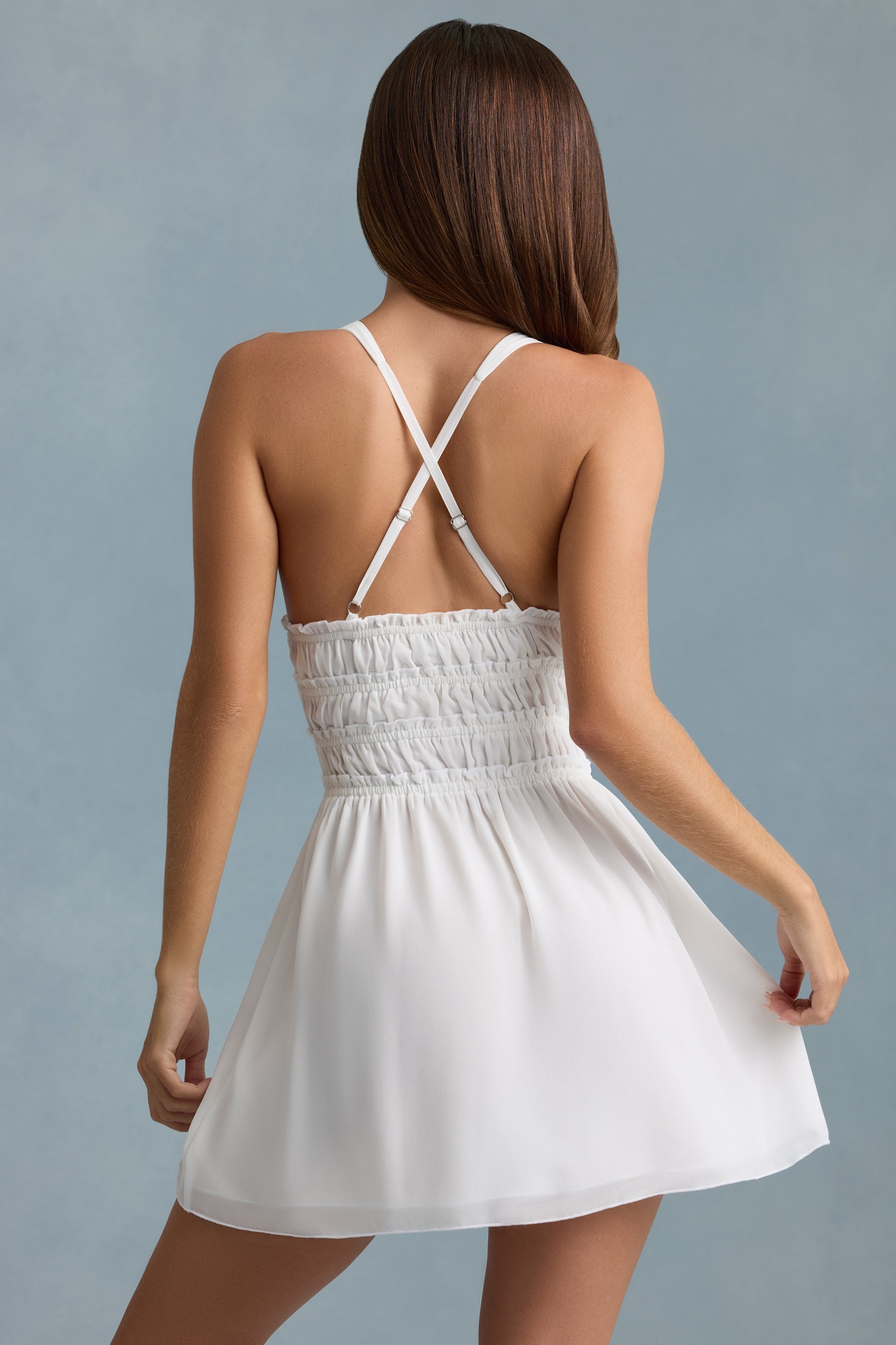 Plunge Cross-Back Mini Dress in White