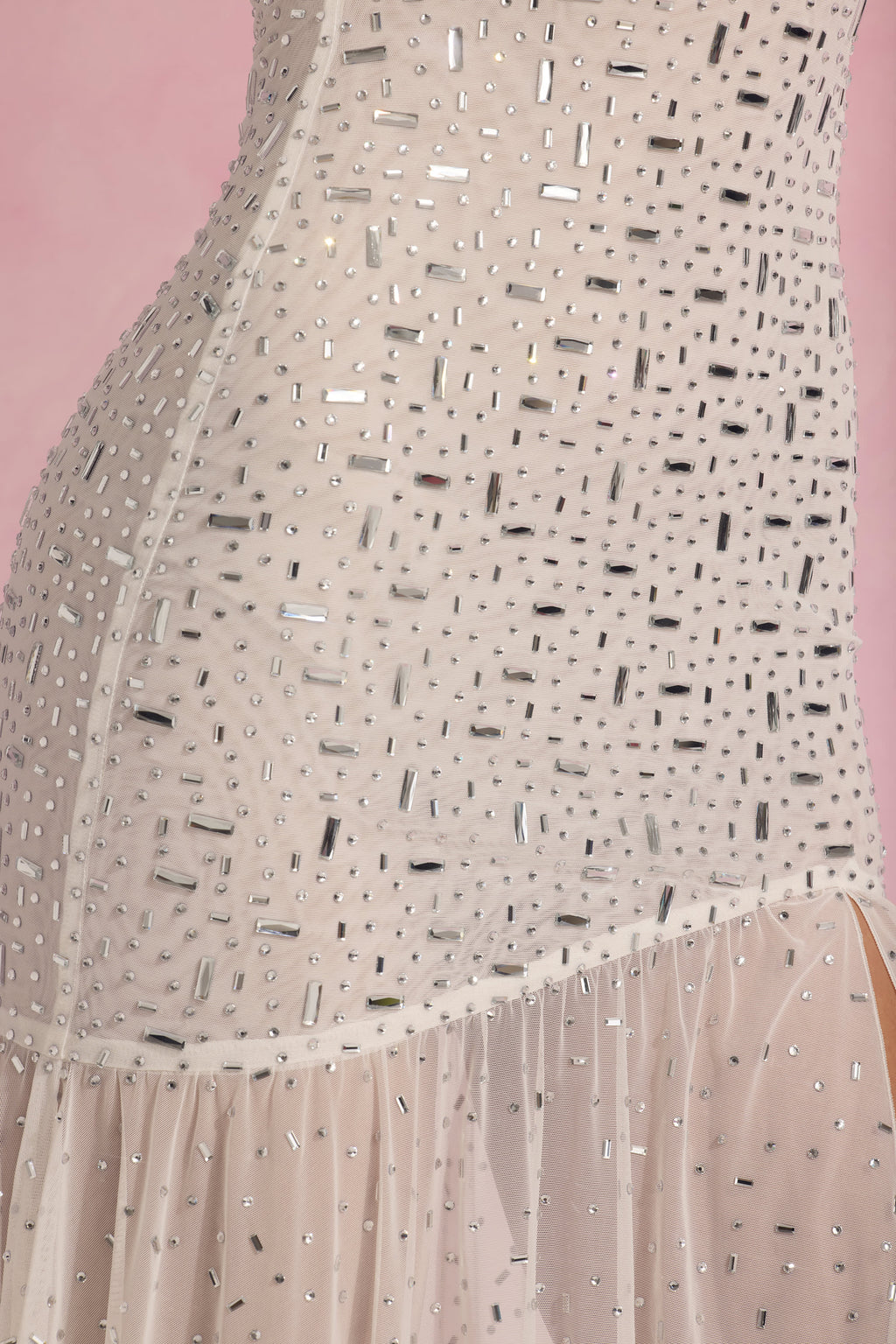 Semi-Sheer Embellished Asymmetric Maxi Dress in White