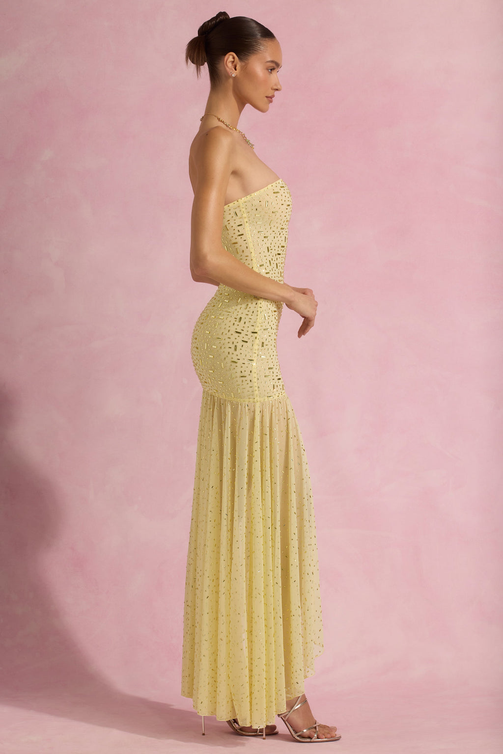 Semi-Sheer Embellished Asymmetric Maxi Dress in Yellow