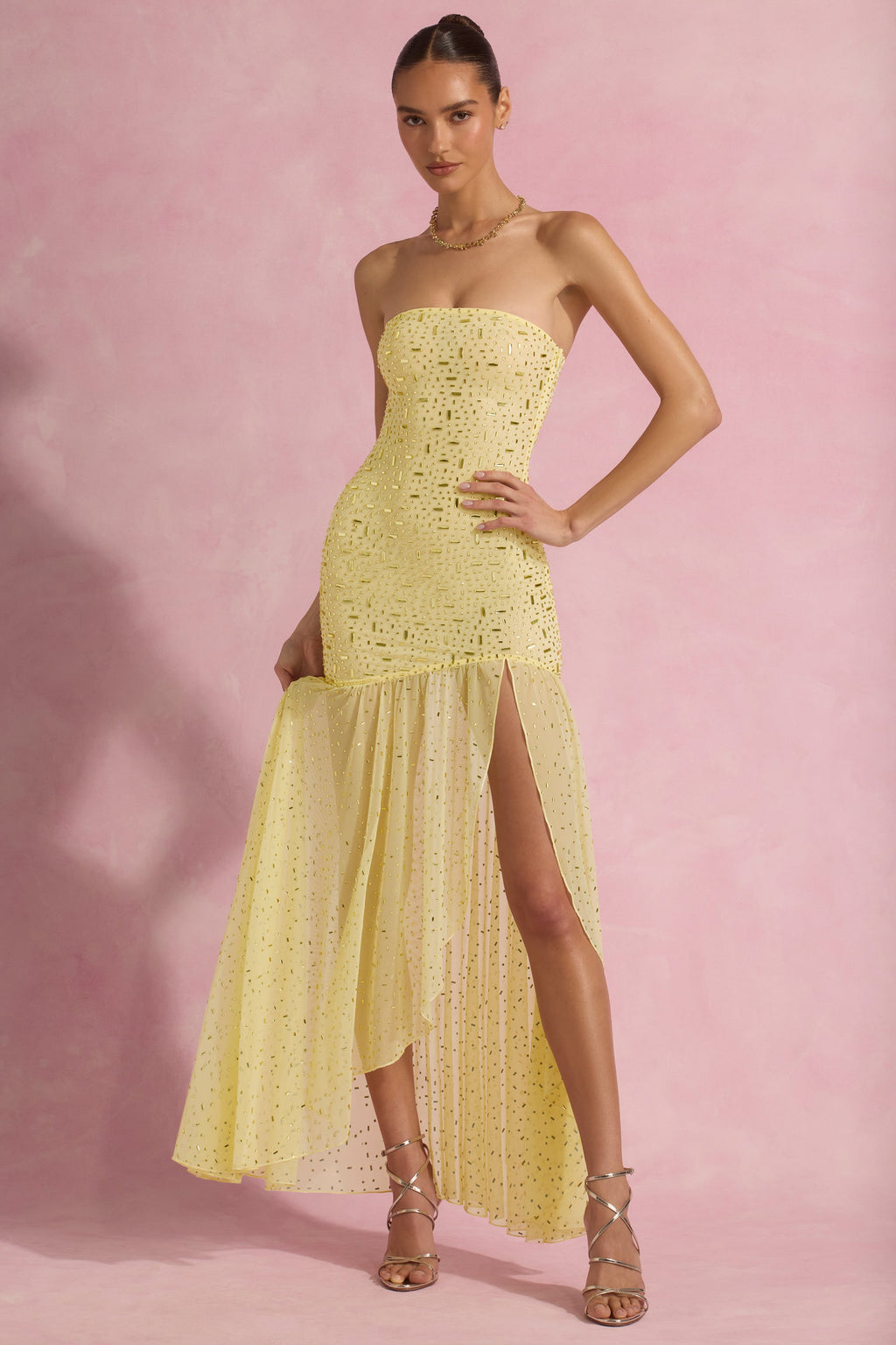 Semi-Sheer Embellished Asymmetric Maxi Dress in Yellow
