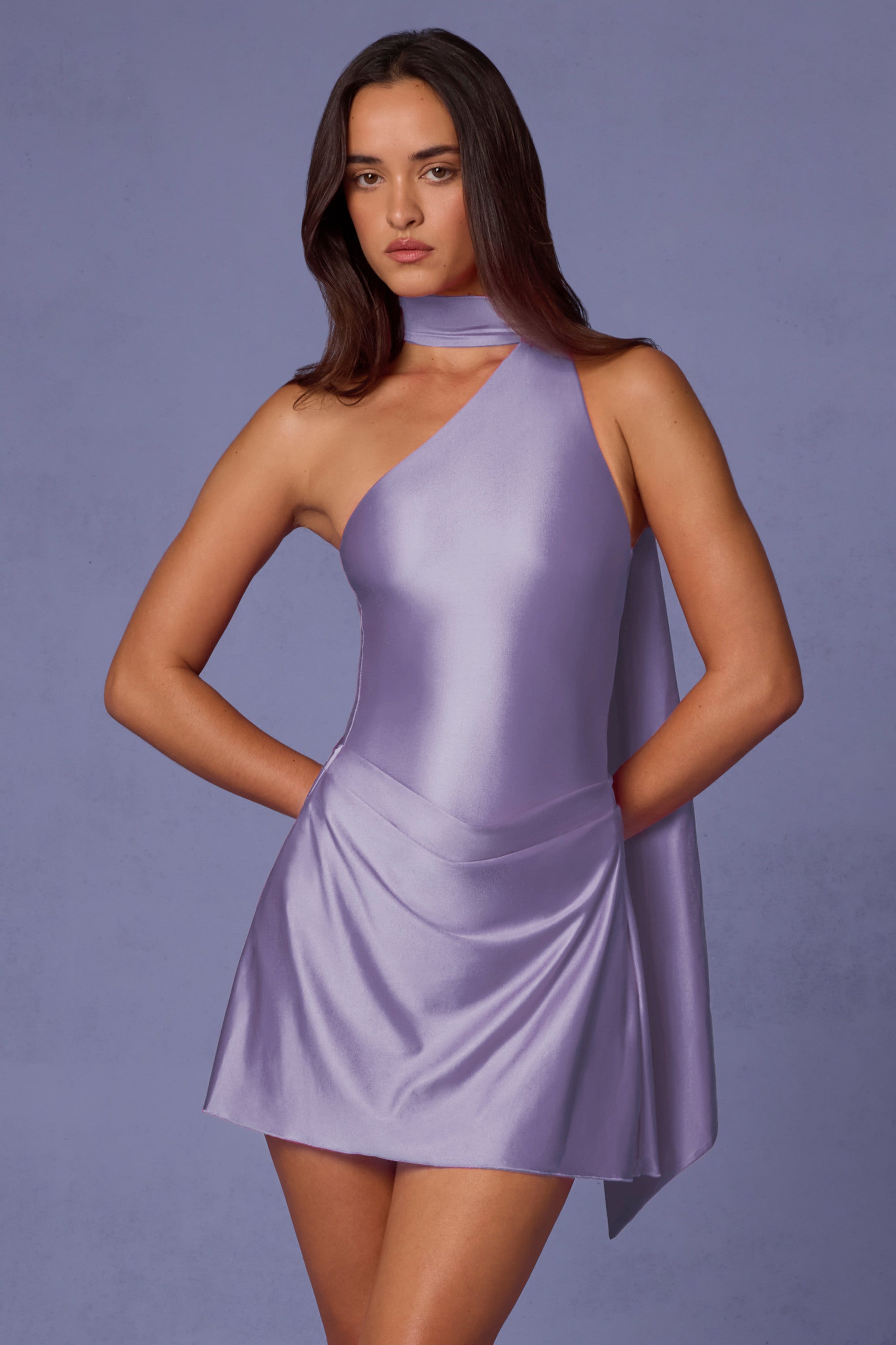 Asymmetric Scarf-Detail Mini Dress in Lilac