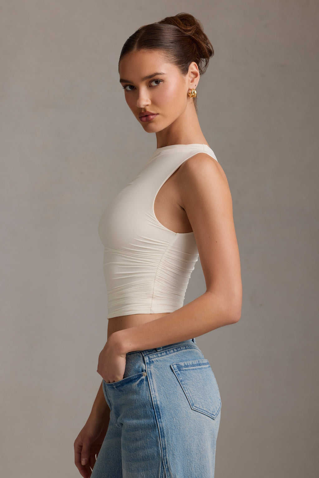 Asymmetric Ruched Tank Top in Vanilla