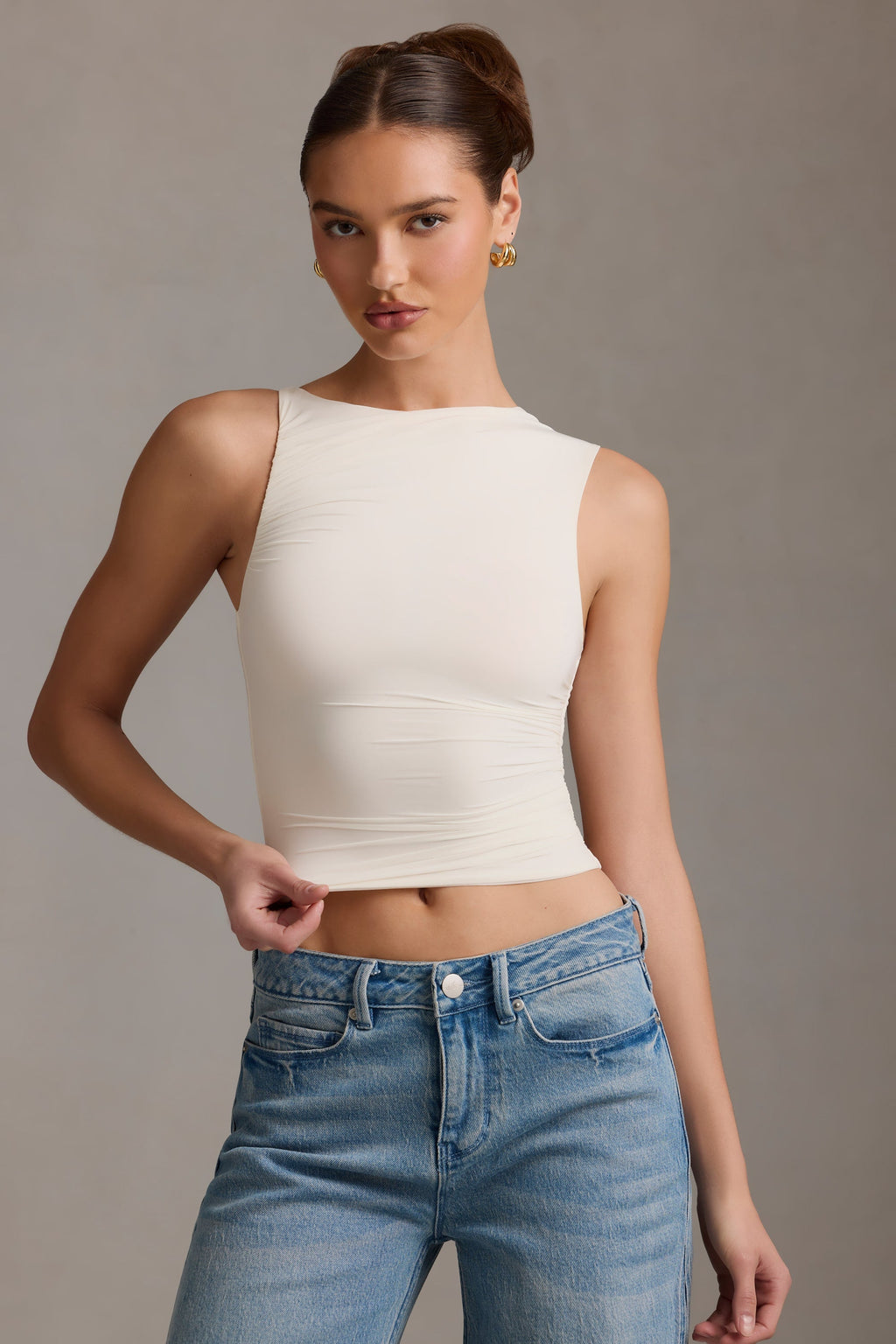 Asymmetric Ruched Tank Top in Vanilla