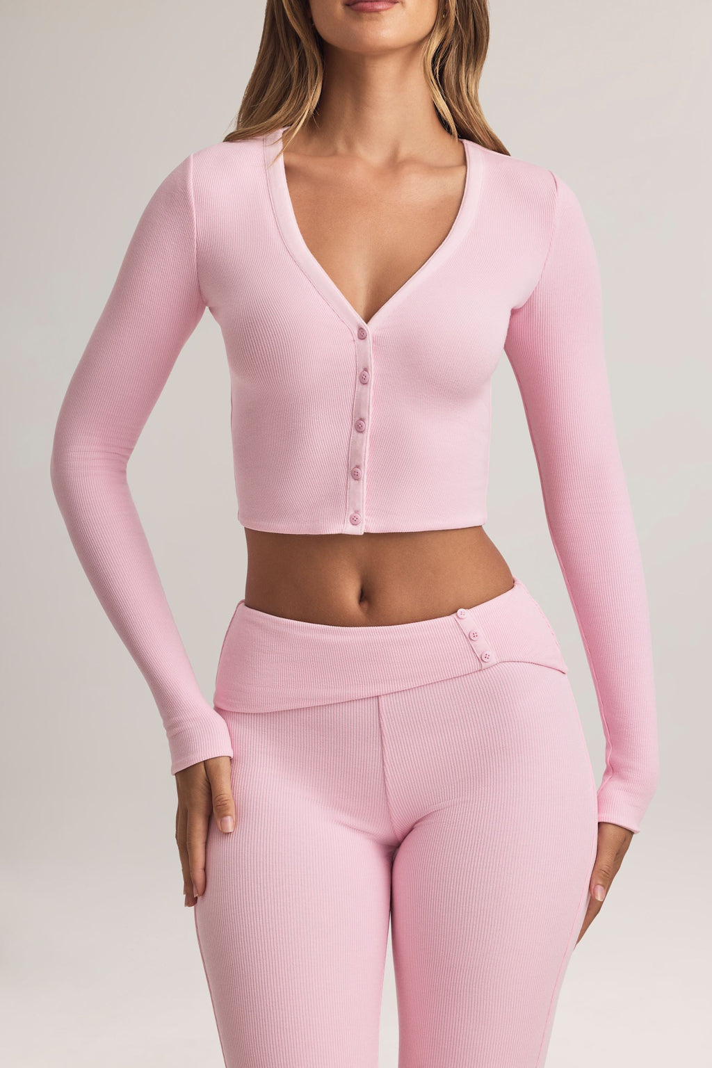 Modal Ribbed Cropped Cardigan in Pastel Pink