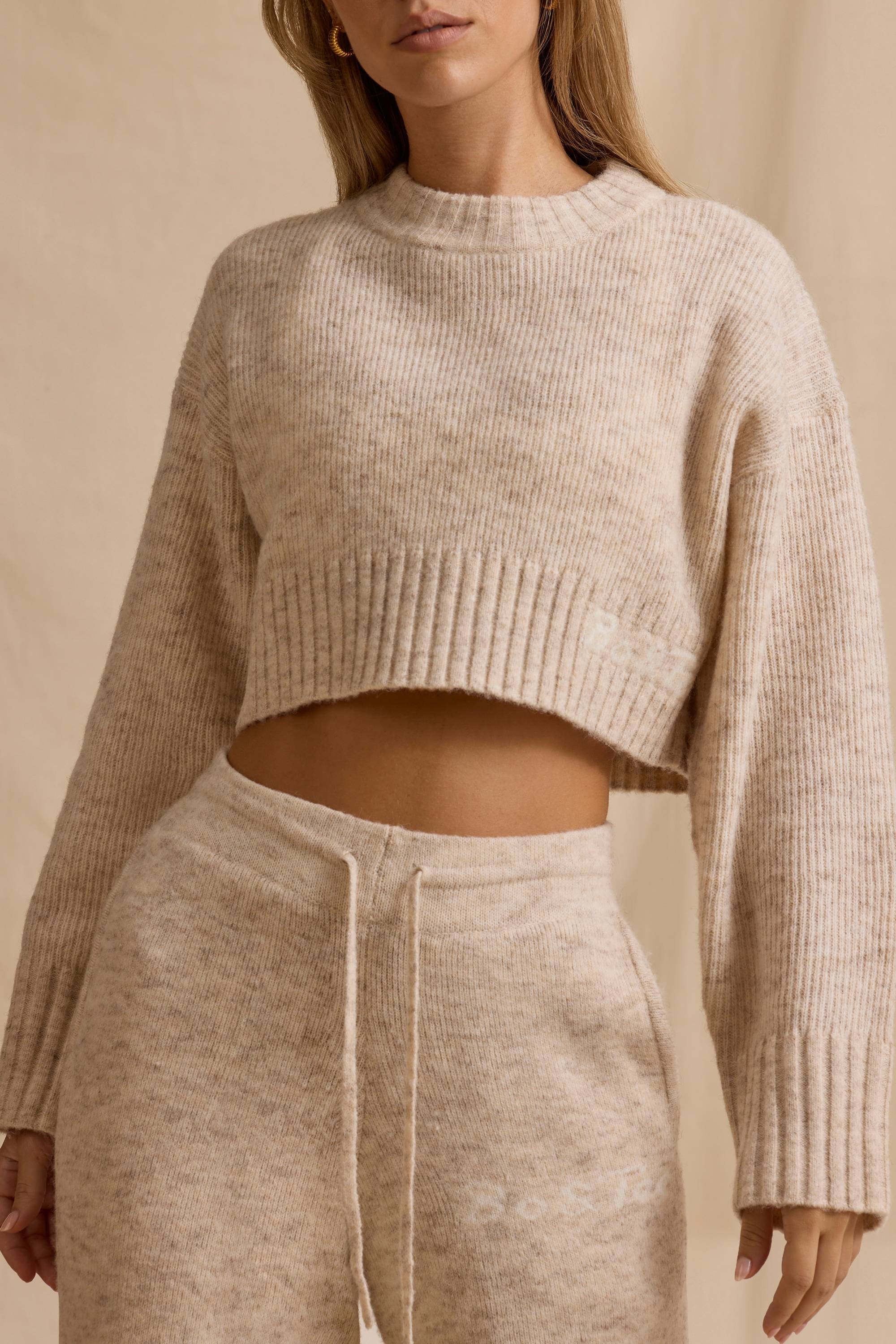 Ribbed Knit Cropped Jumper in Cream Marl
