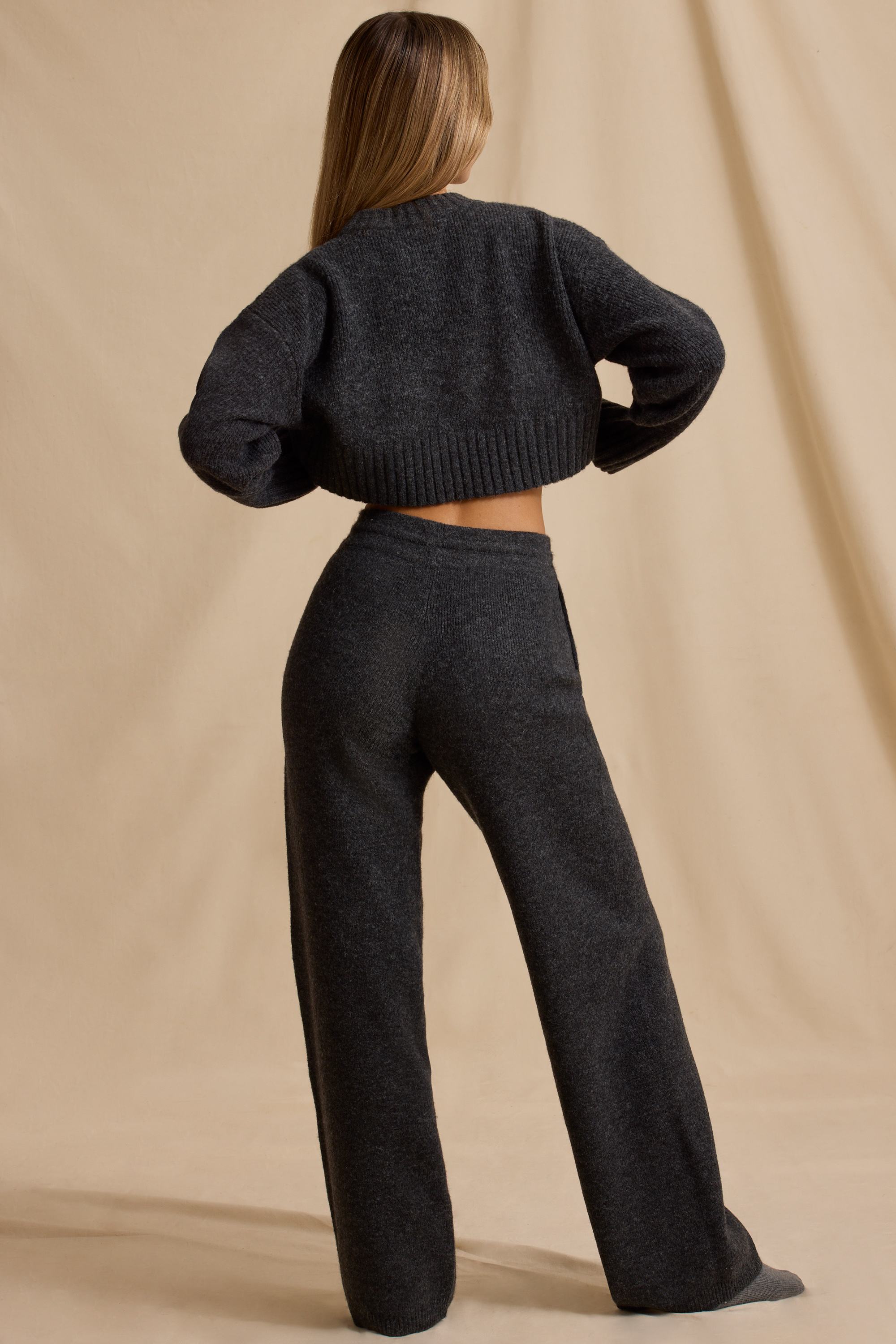 Ribbed Knit Mid-Rise Wide-Leg Joggers in Charcoal Marl