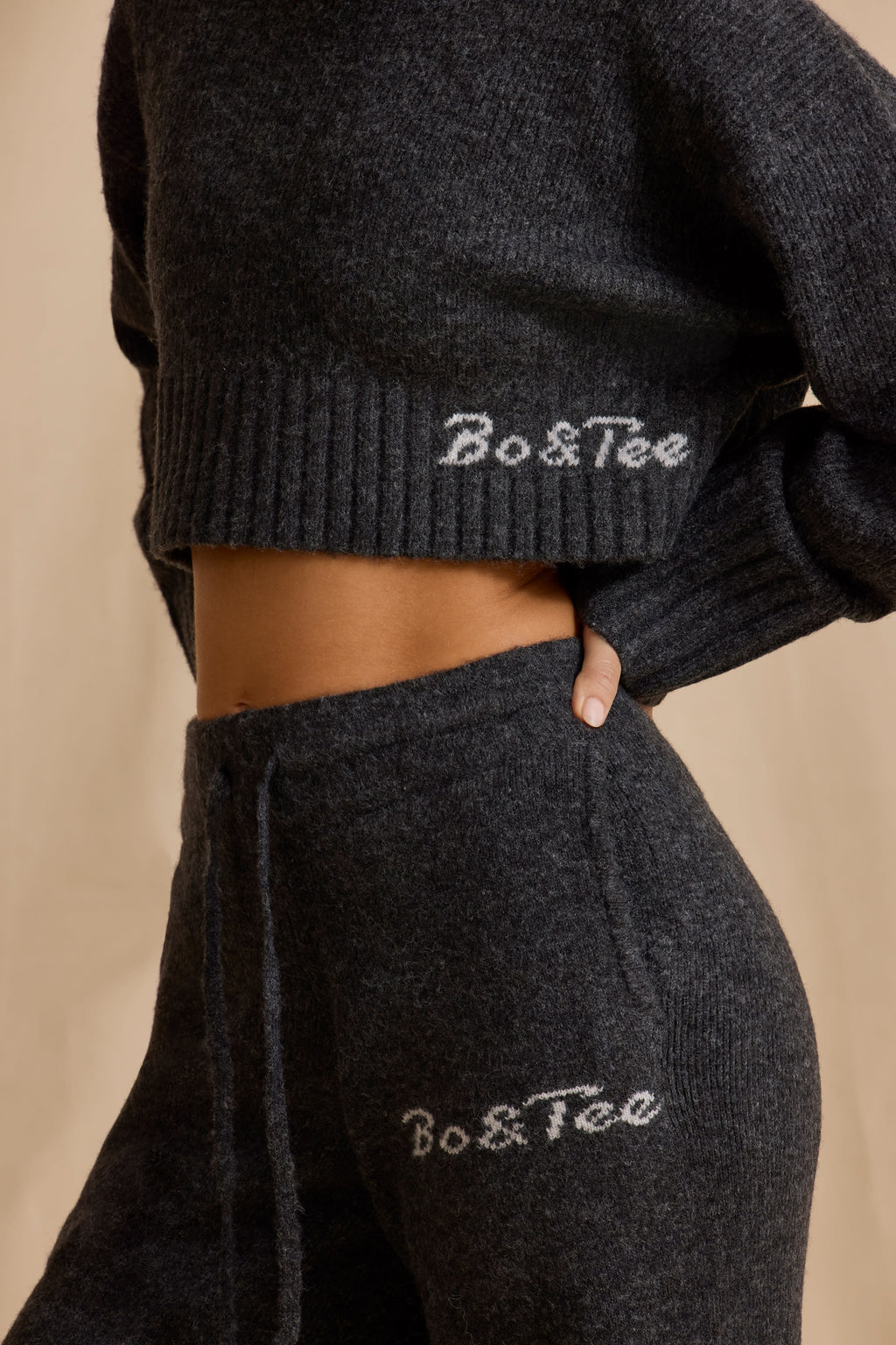 Ribbed Knit Mid-Rise Wide-Leg Joggers in Charcoal Marl