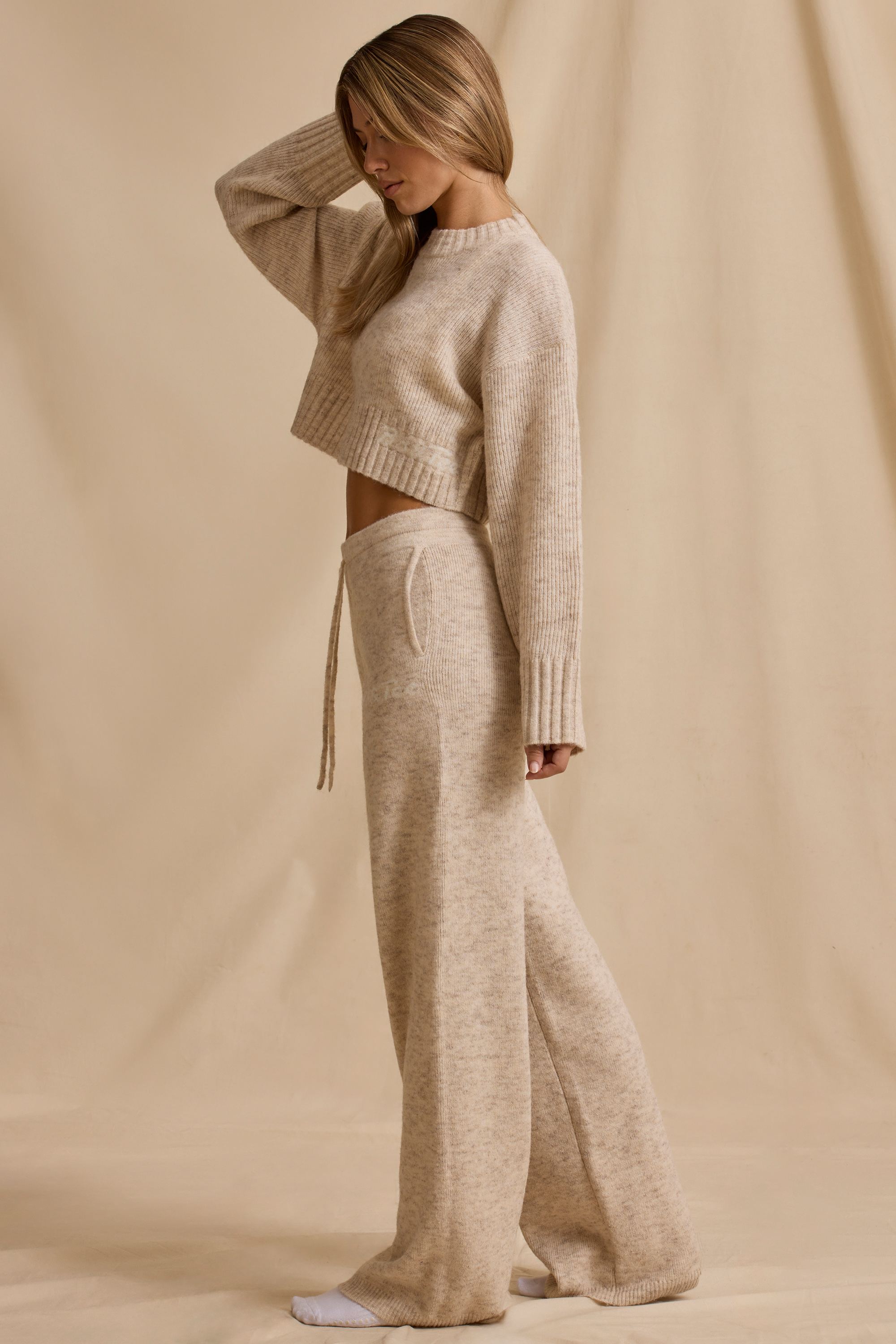 Ribbed Knit Mid-Rise Wide-Leg Joggers in Cream Marl
