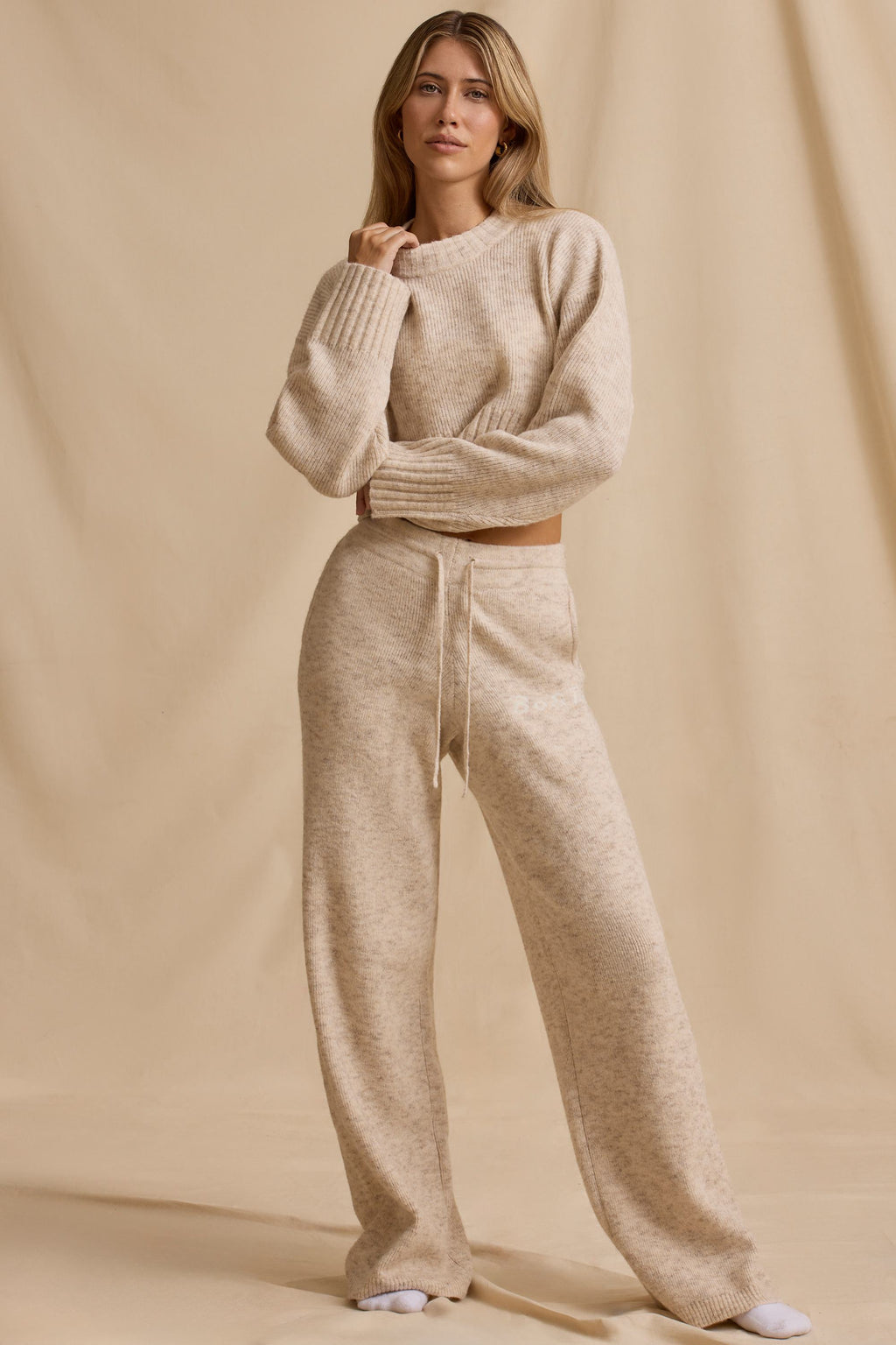 Ribbed Knit Mid-Rise Wide-Leg Joggers in Cream Marl