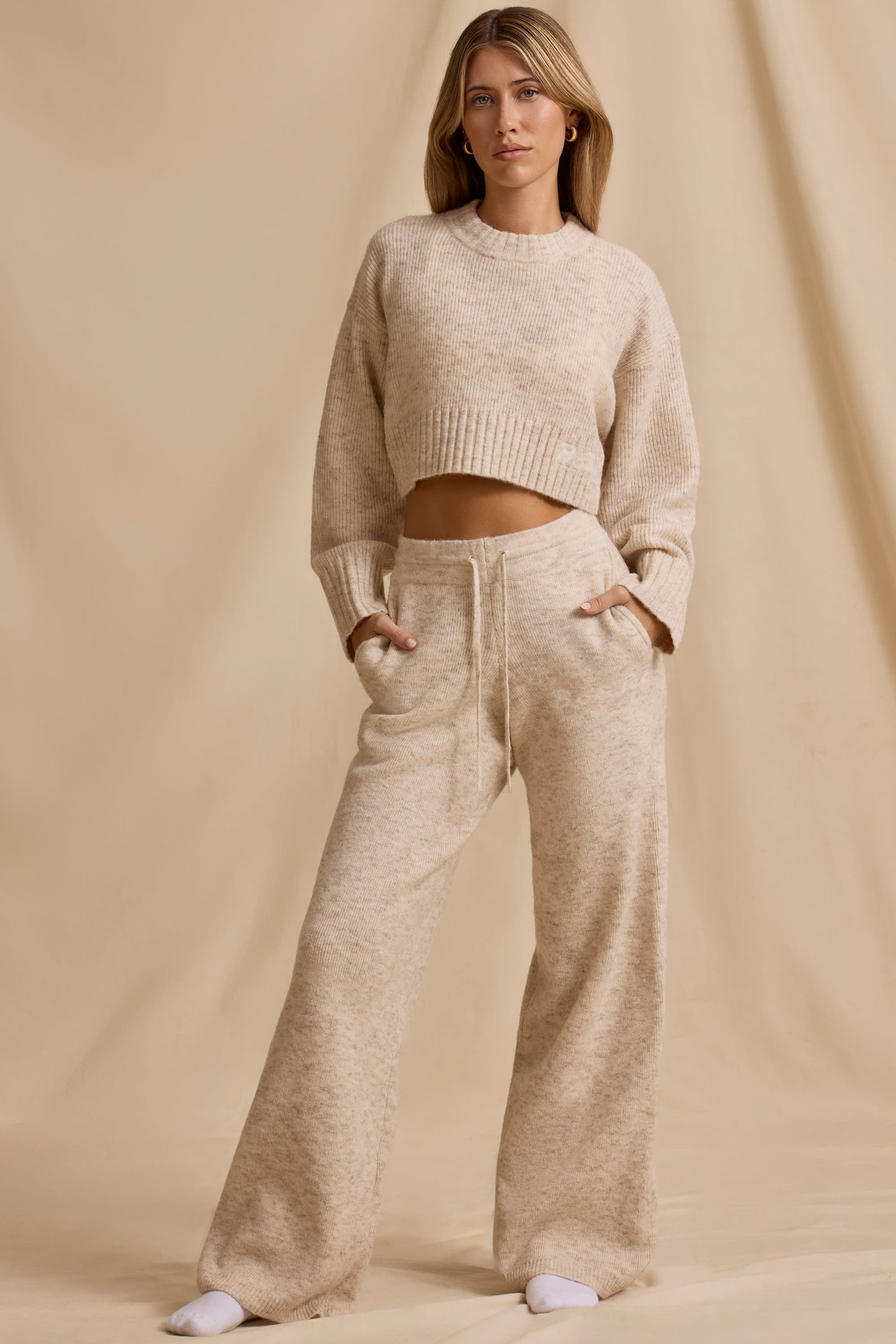 Ribbed Knit Mid-Rise Wide-Leg Joggers in Cream Marl