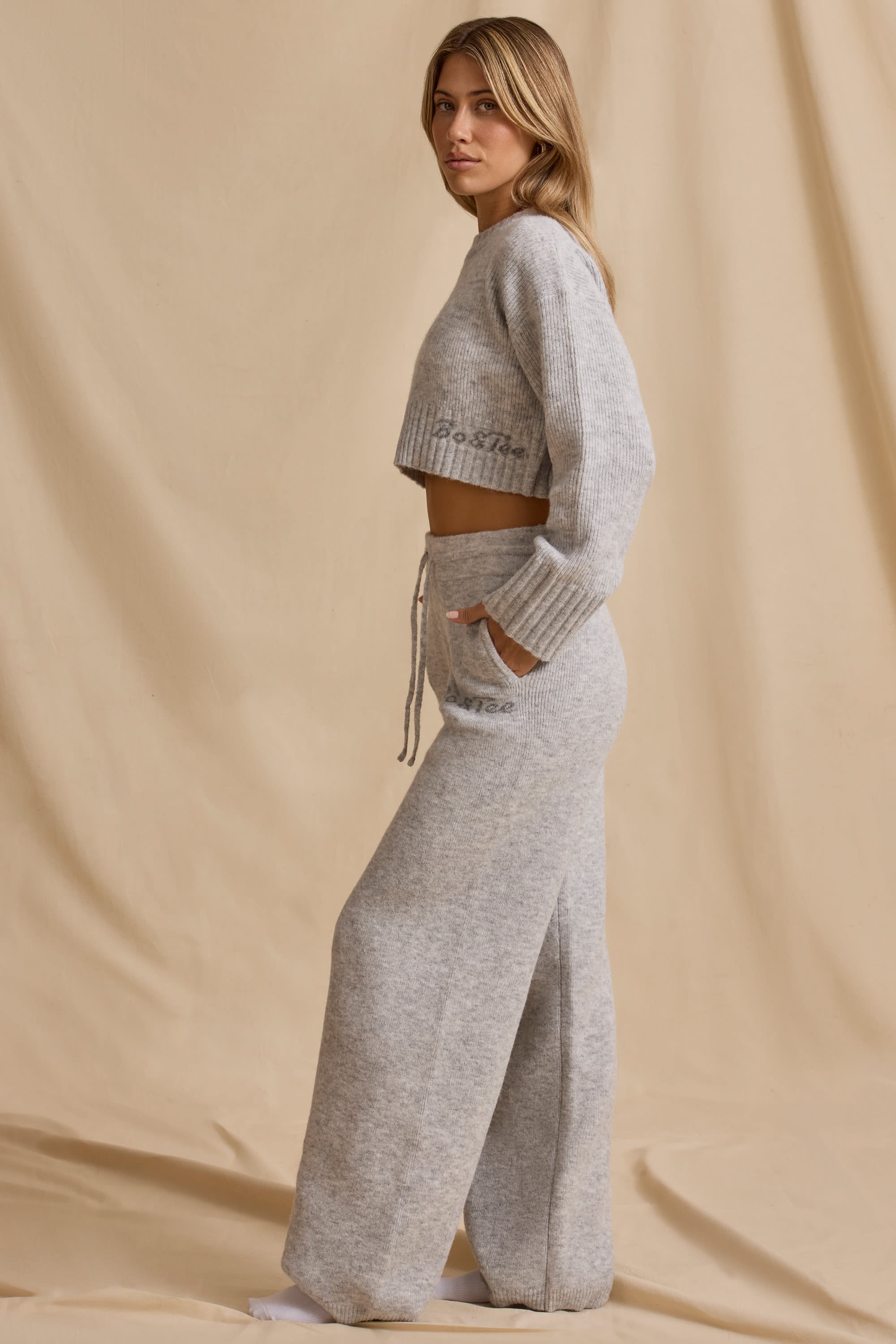 Ribbed Knit Mid-Rise Wide-Leg Joggers in Ice Marl