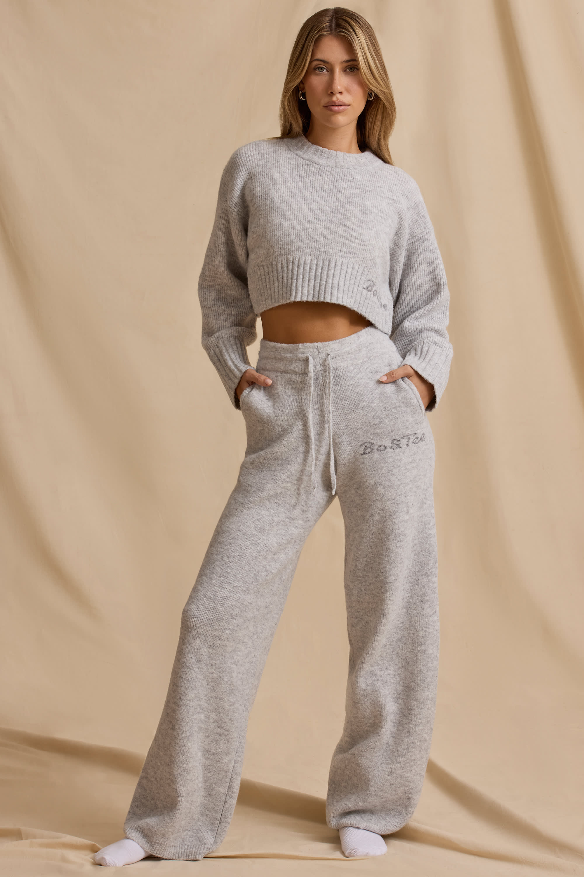 Ribbed Knit Mid-Rise Wide-Leg Joggers in Ice Marl