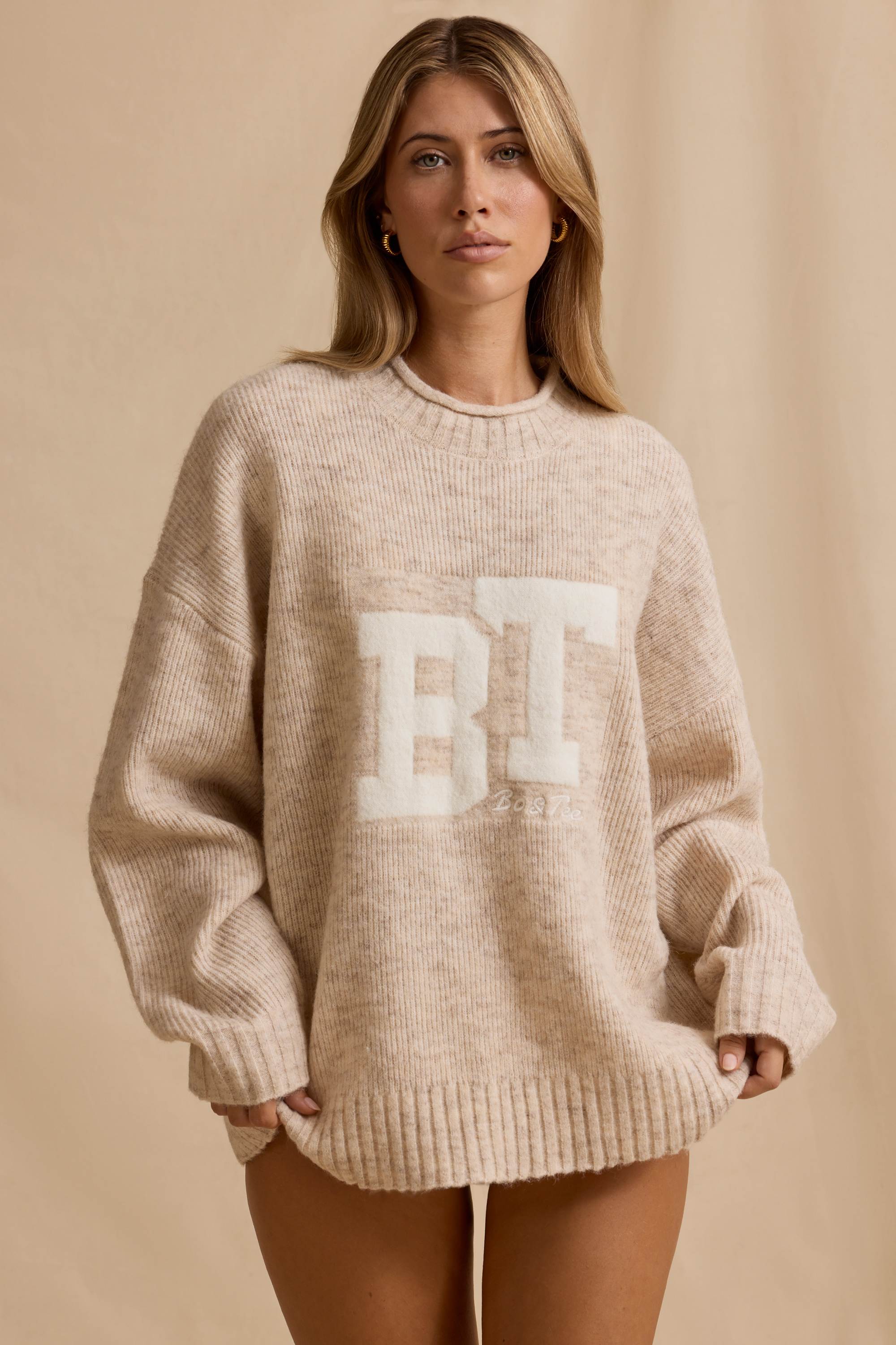 Ribbed Knit Oversized Jumper in Cream Marl