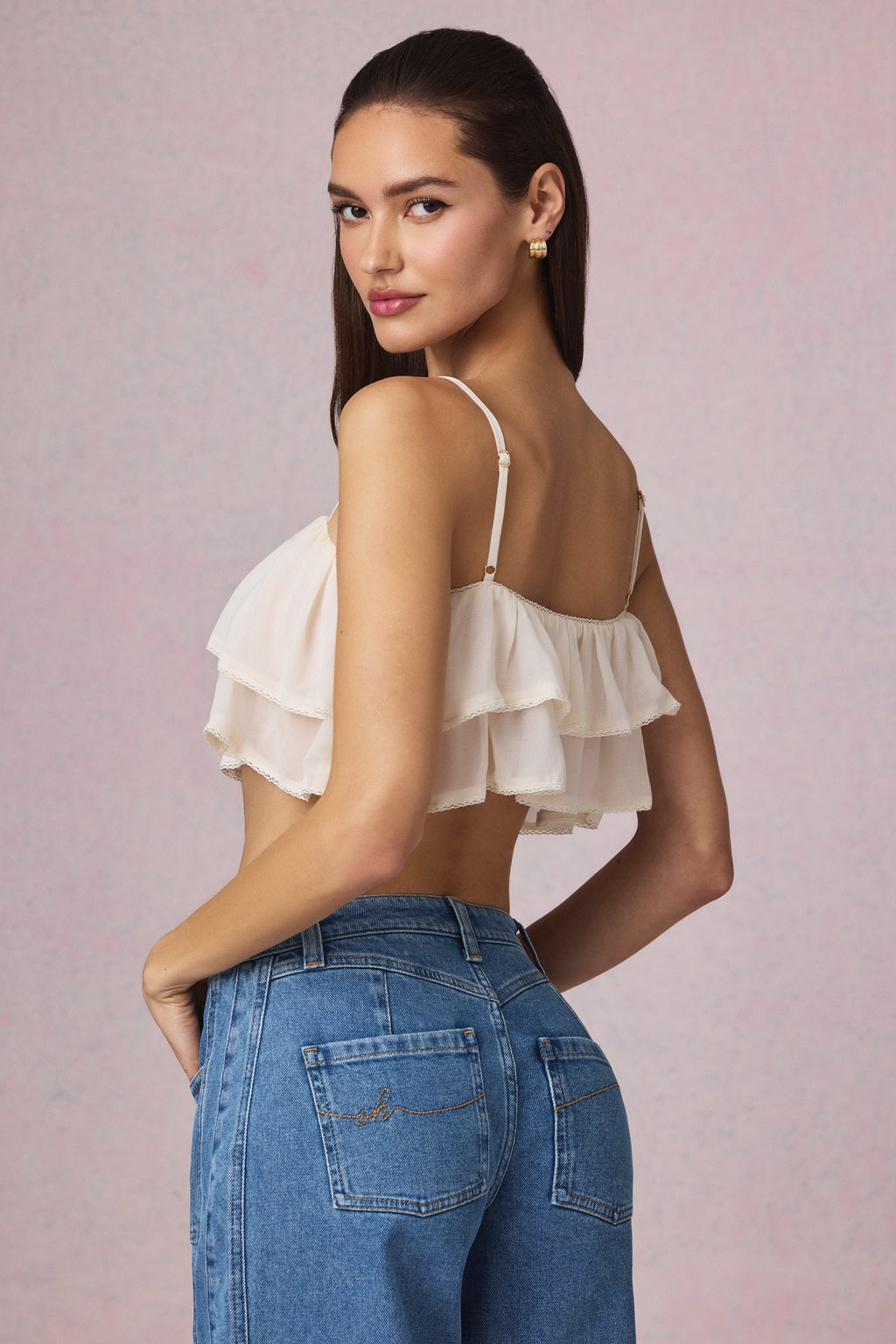 Ruffled Cropped Camisole Top in Ivory