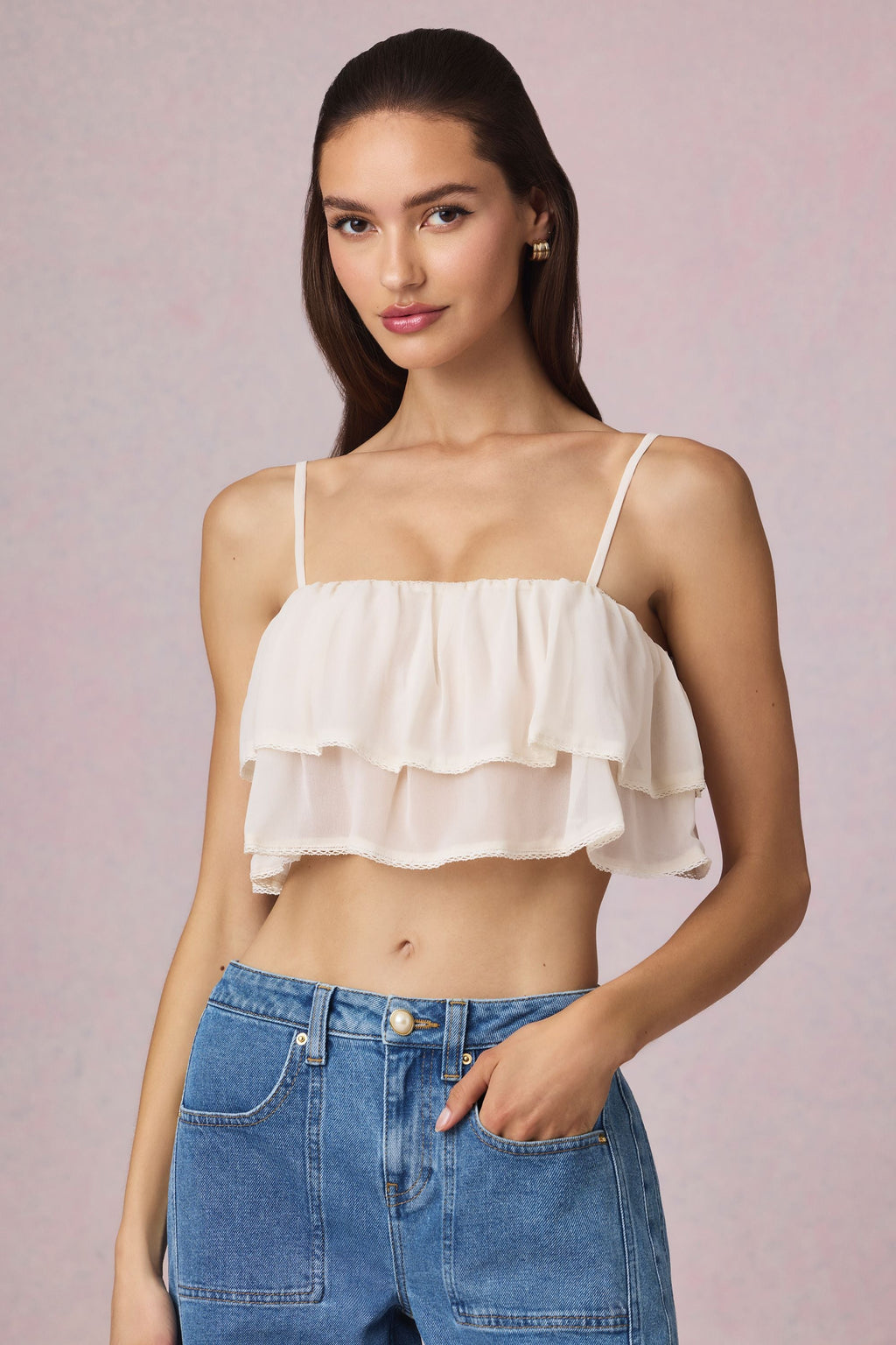 Ruffled Cropped Camisole Top in Ivory