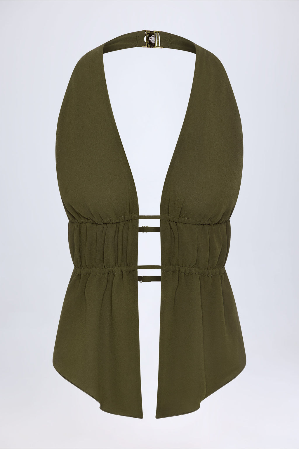 Cut-Out Semi-Sheer Ruched Halterneck Crop Top in Dark Khaki