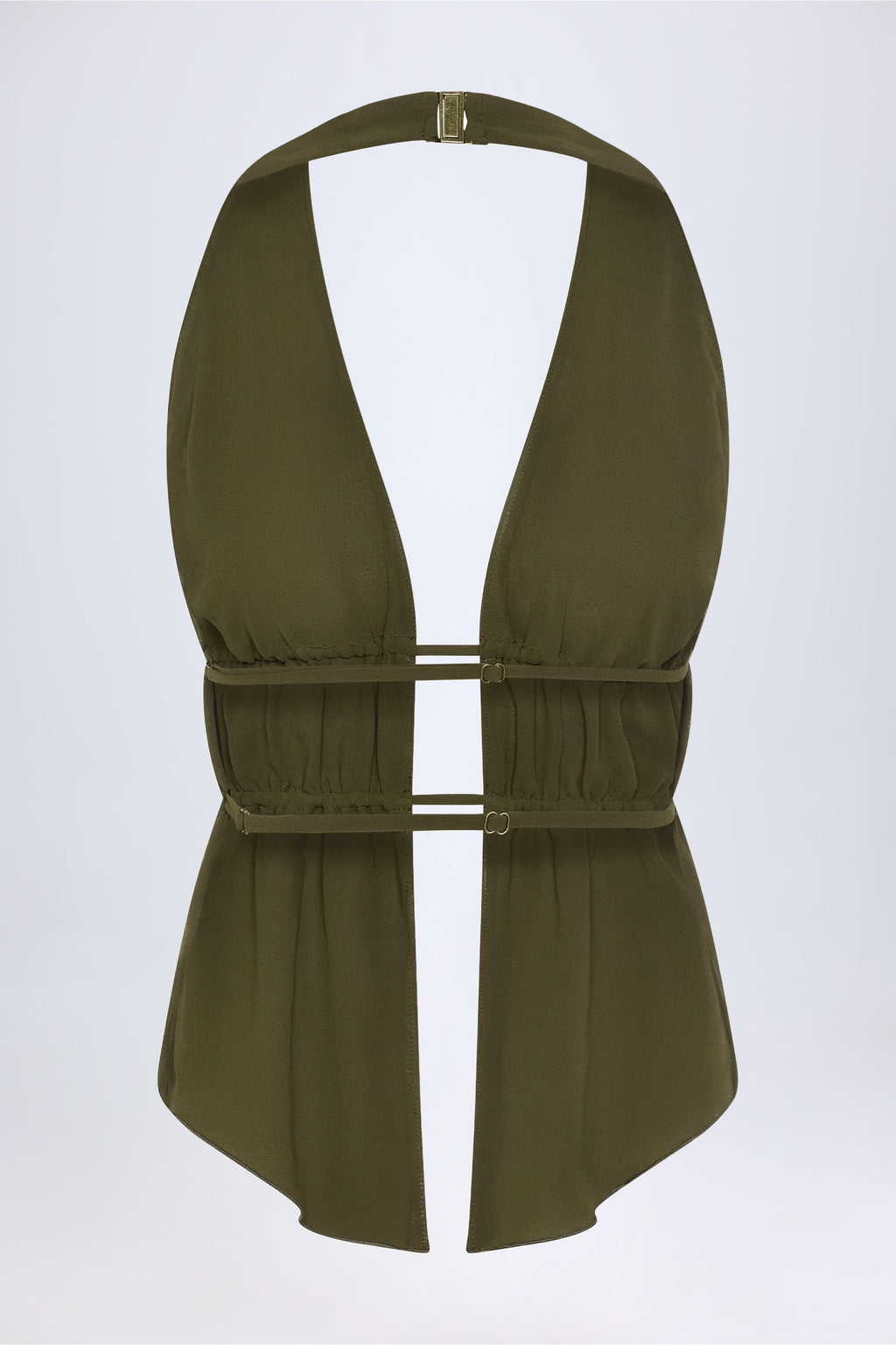Cut-Out Semi-Sheer Ruched Halterneck Crop Top in Dark Khaki