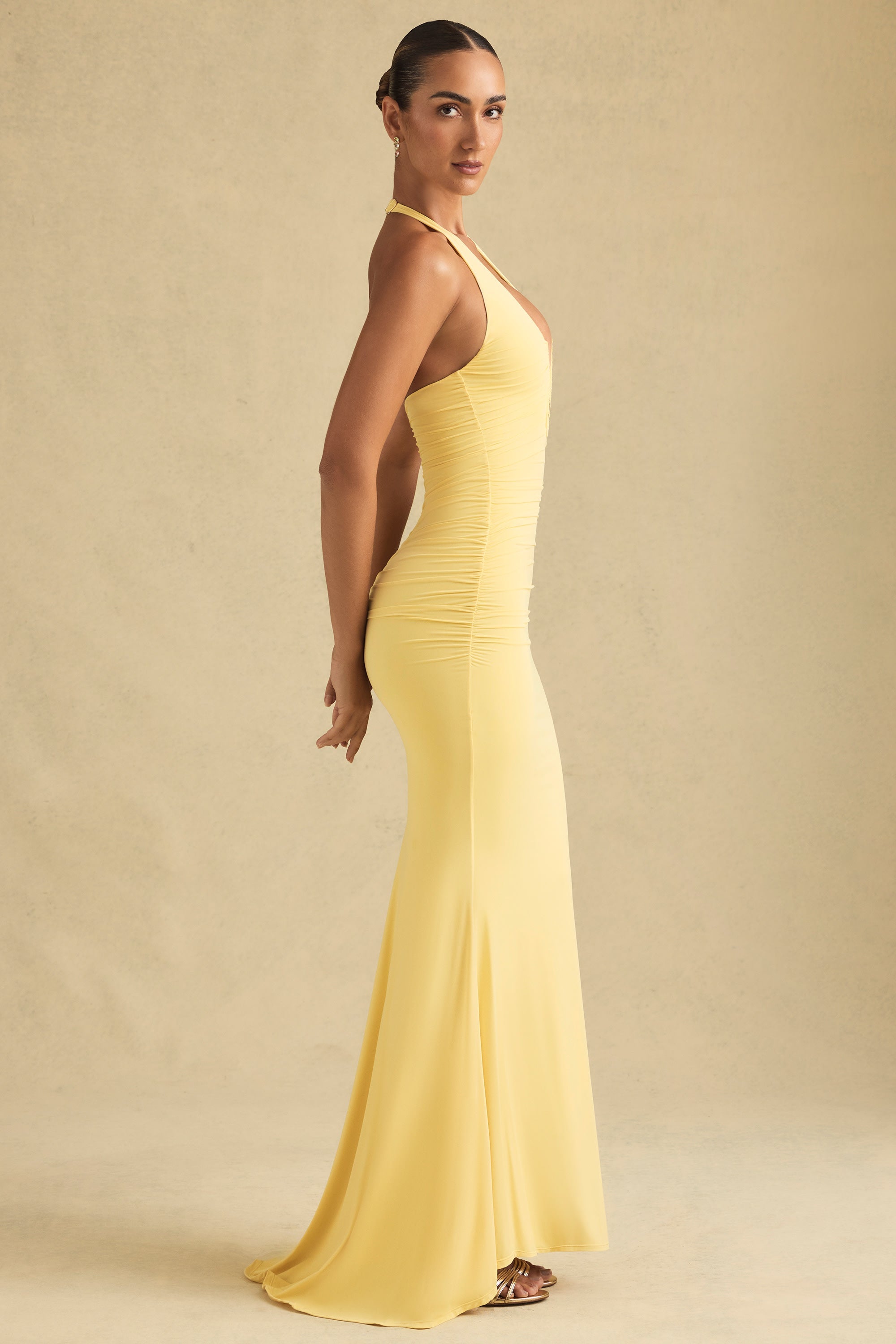 Ruched Backless Halterneck Gown in Pastel Yellow
