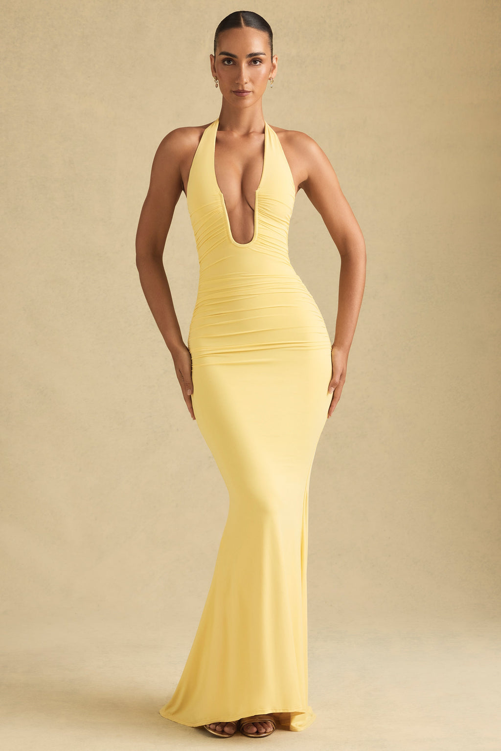 Ruched Backless Halterneck Gown in Pastel Yellow