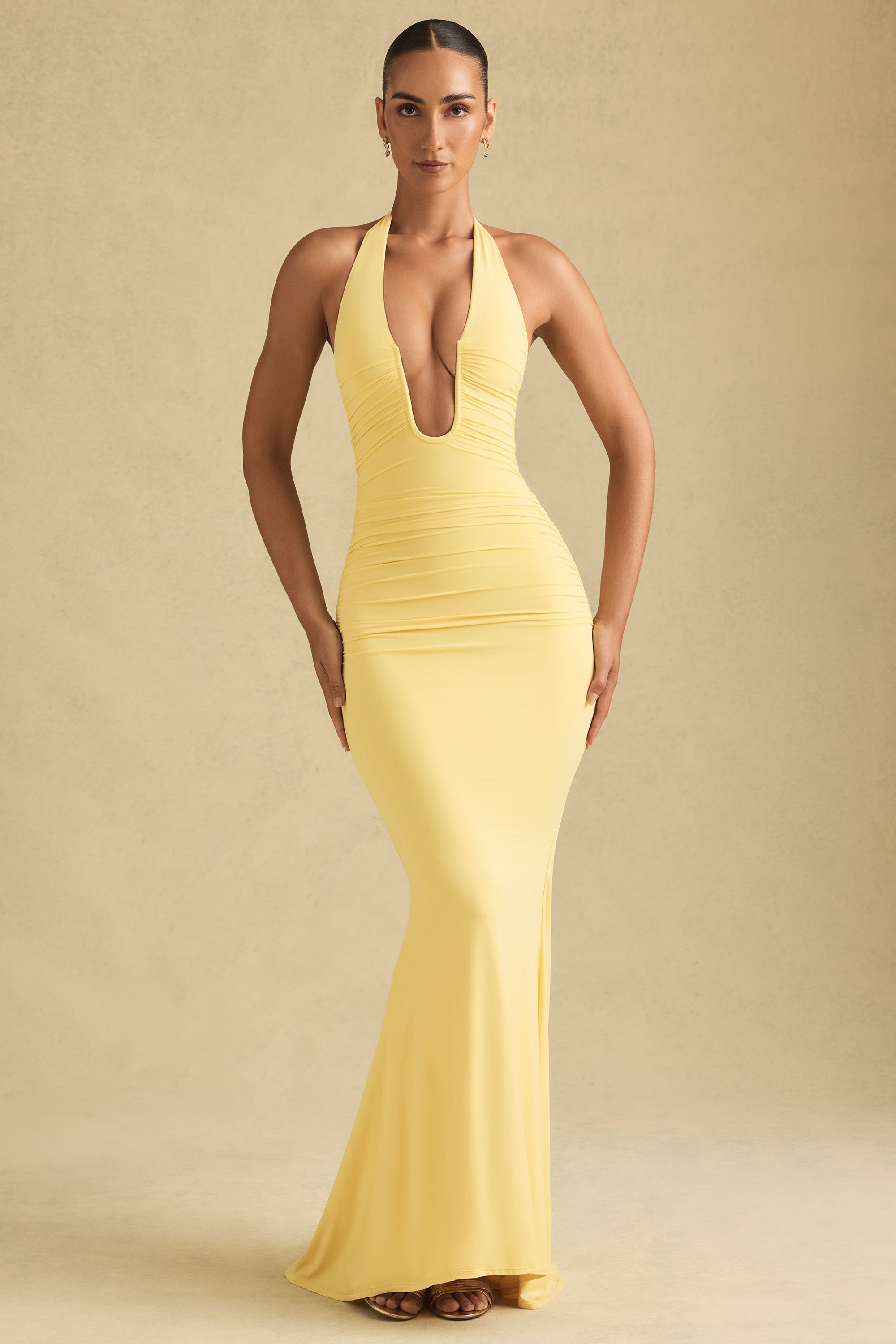 Ruched Backless Halterneck Gown in Pastel Yellow
