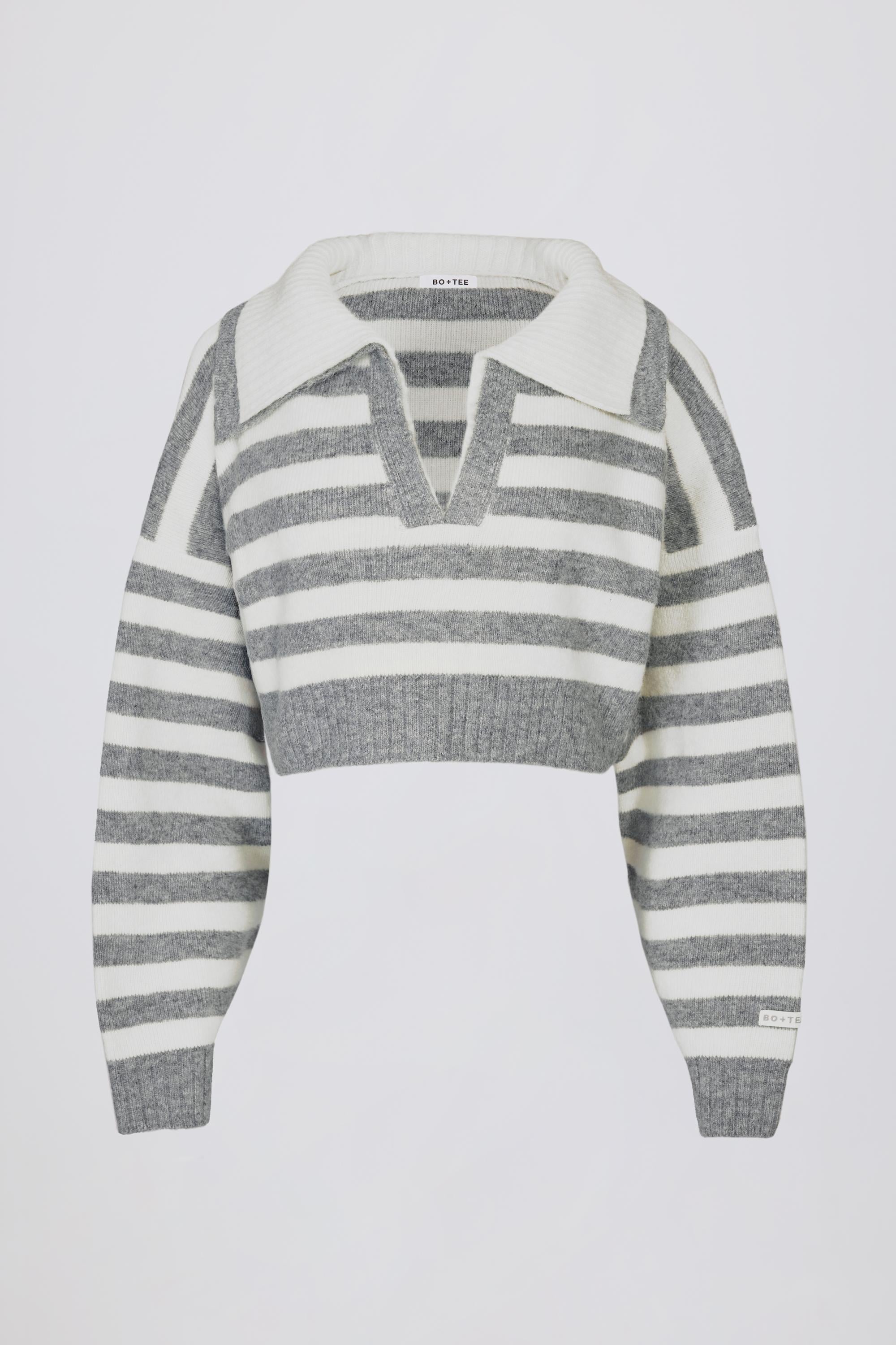 Soft Knit Layered Collar Cropped Jumper in Grey Stripe