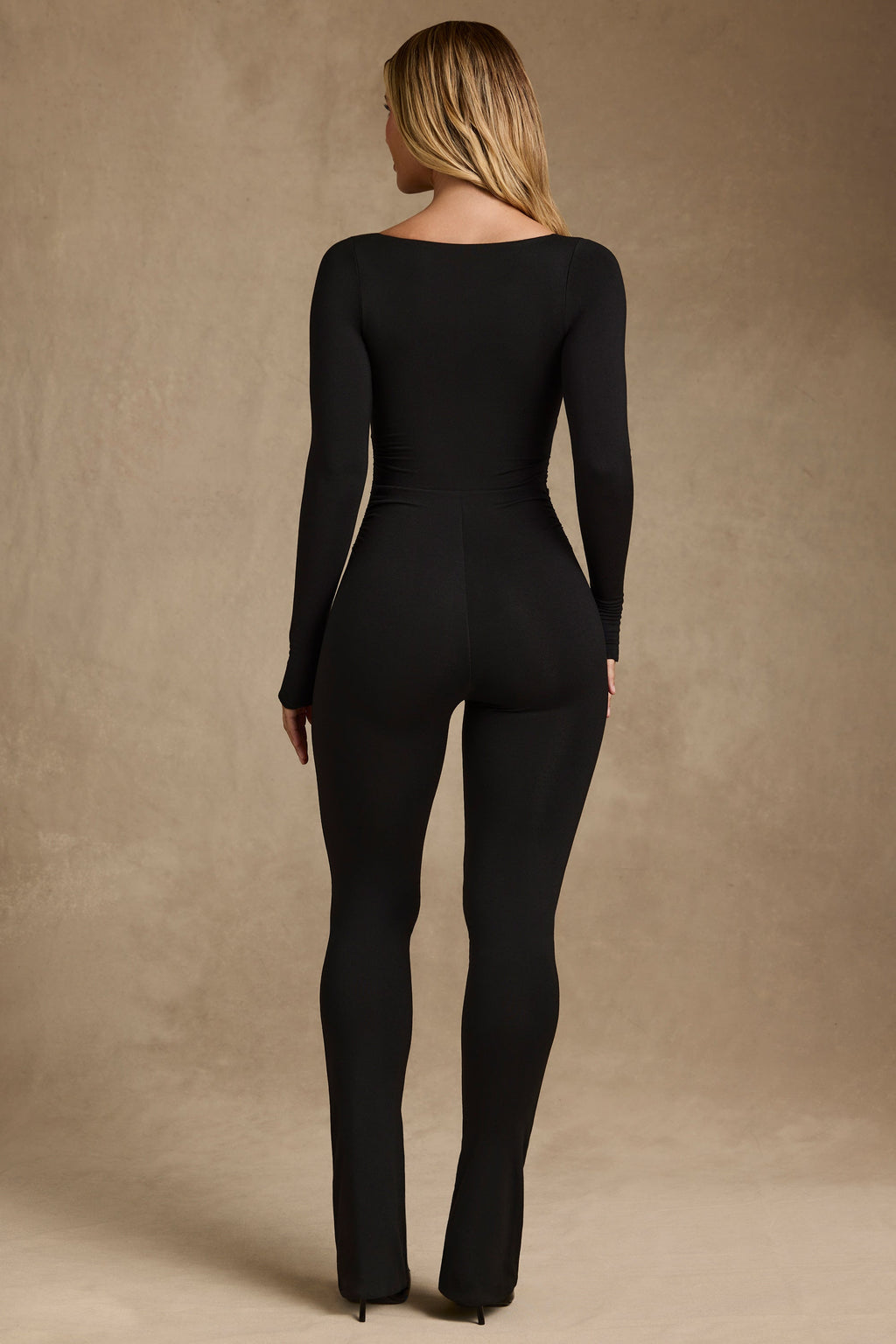 Modal Ruched Long-Sleeve Jumpsuit in Black