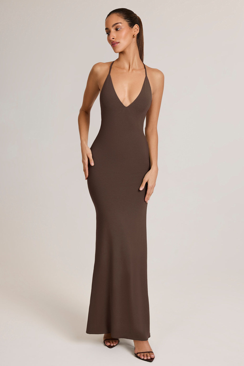 Modal Plunge Backless Maxi Dress in Chocolate Brown