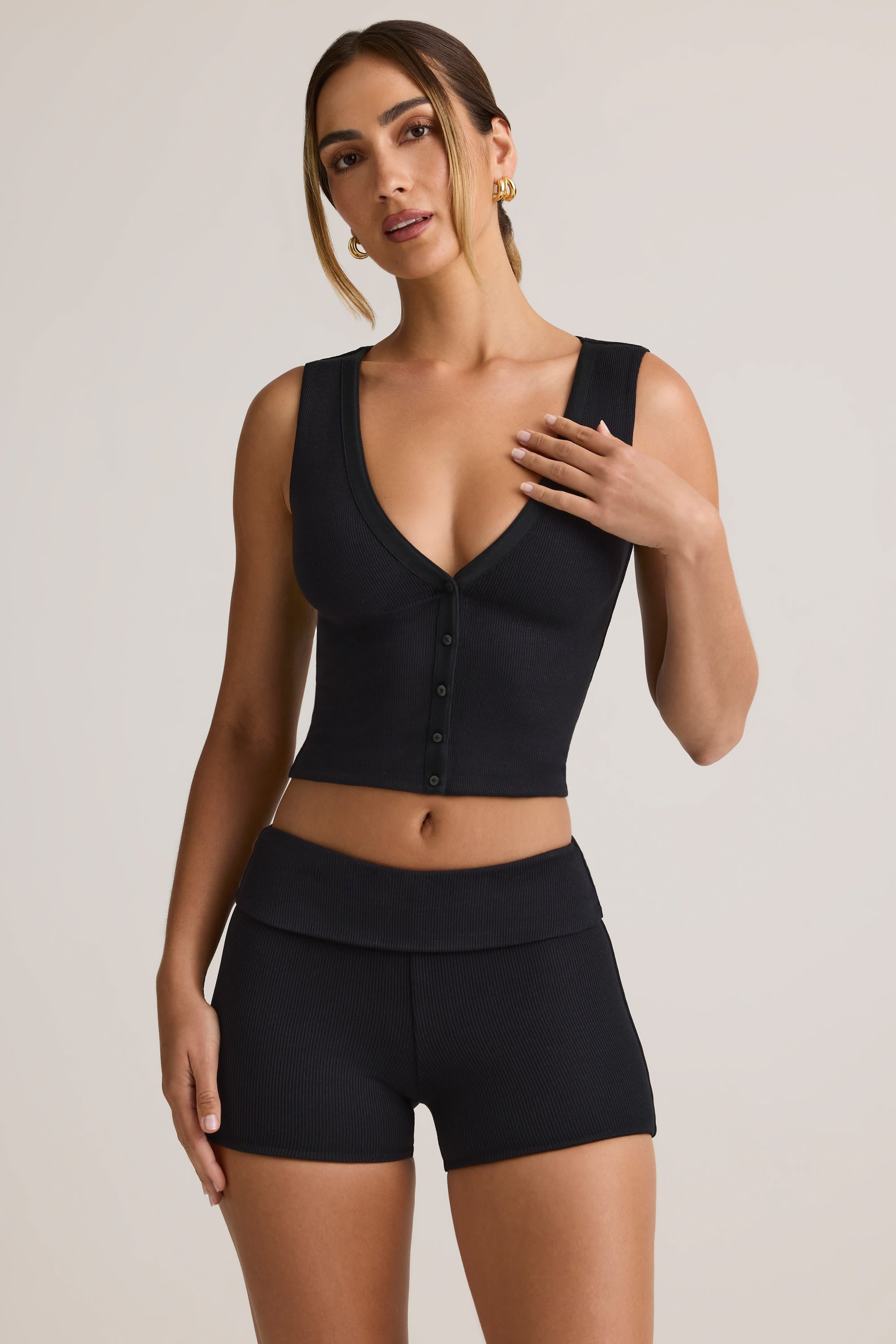 Modal Ribbed Button-Up Vest Top in Black
