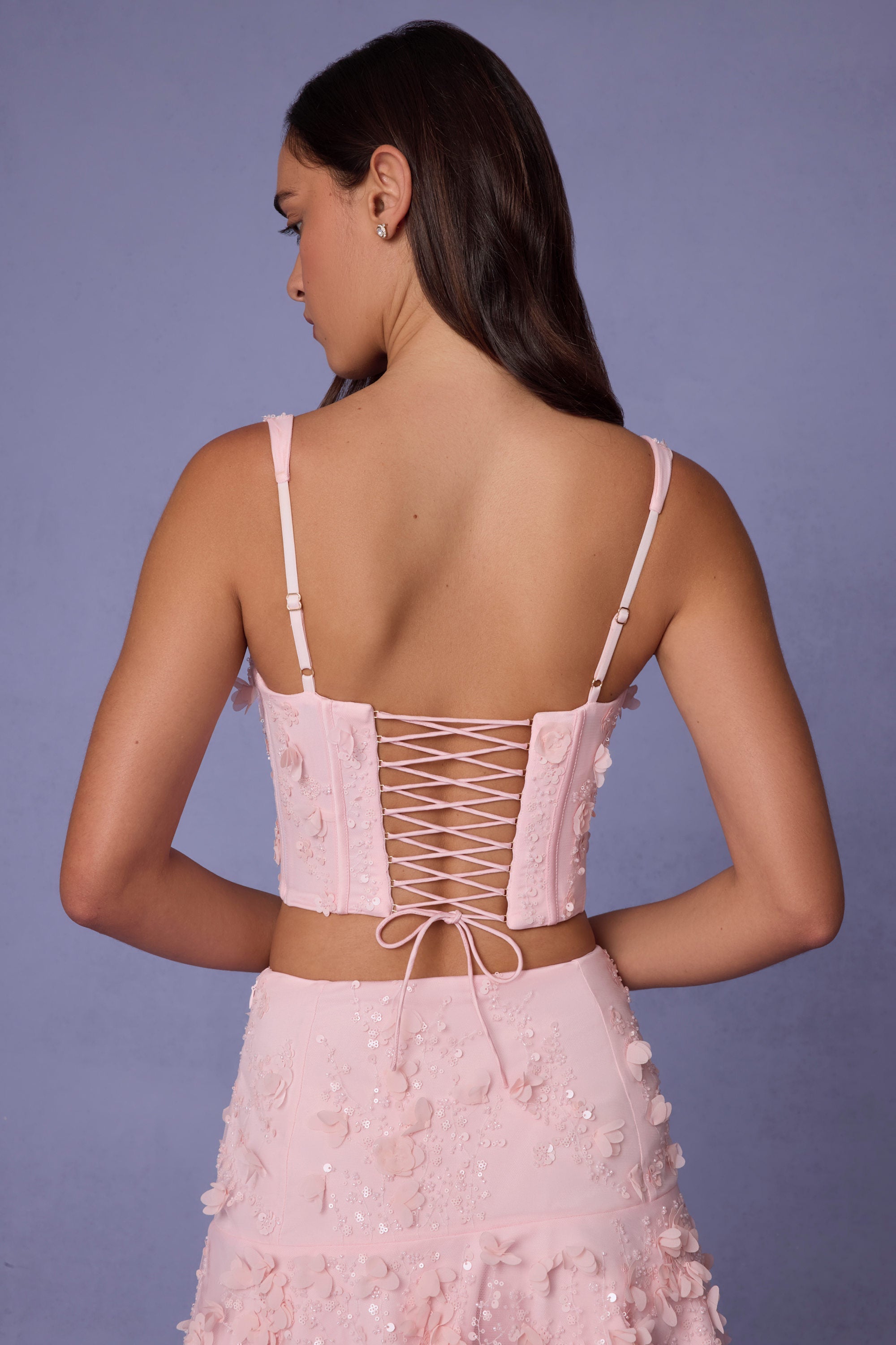 Embellished Lace-Up Corset Top in Soft Pink