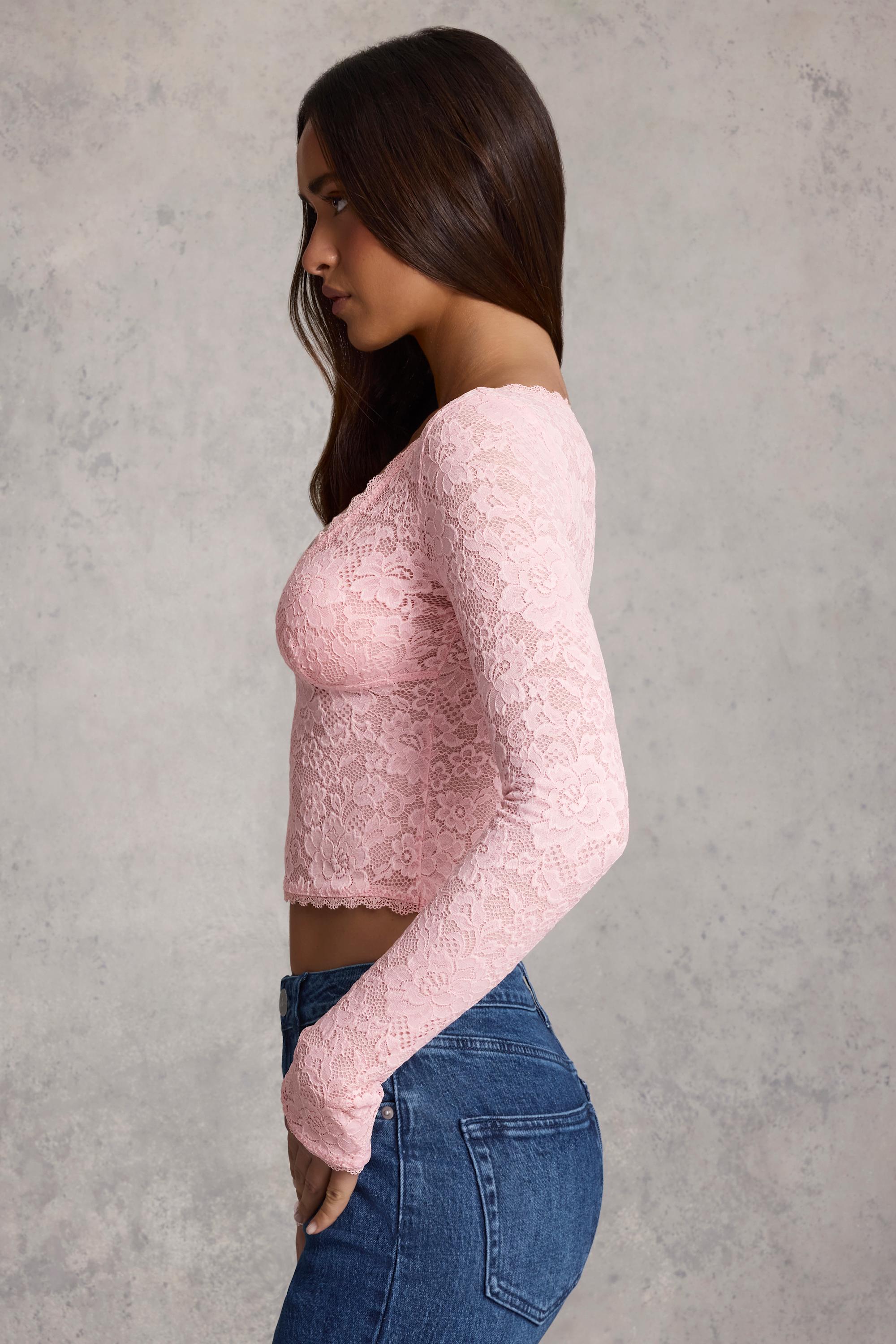 Plunge-Neck Long-Sleeve Lace Top in Pink