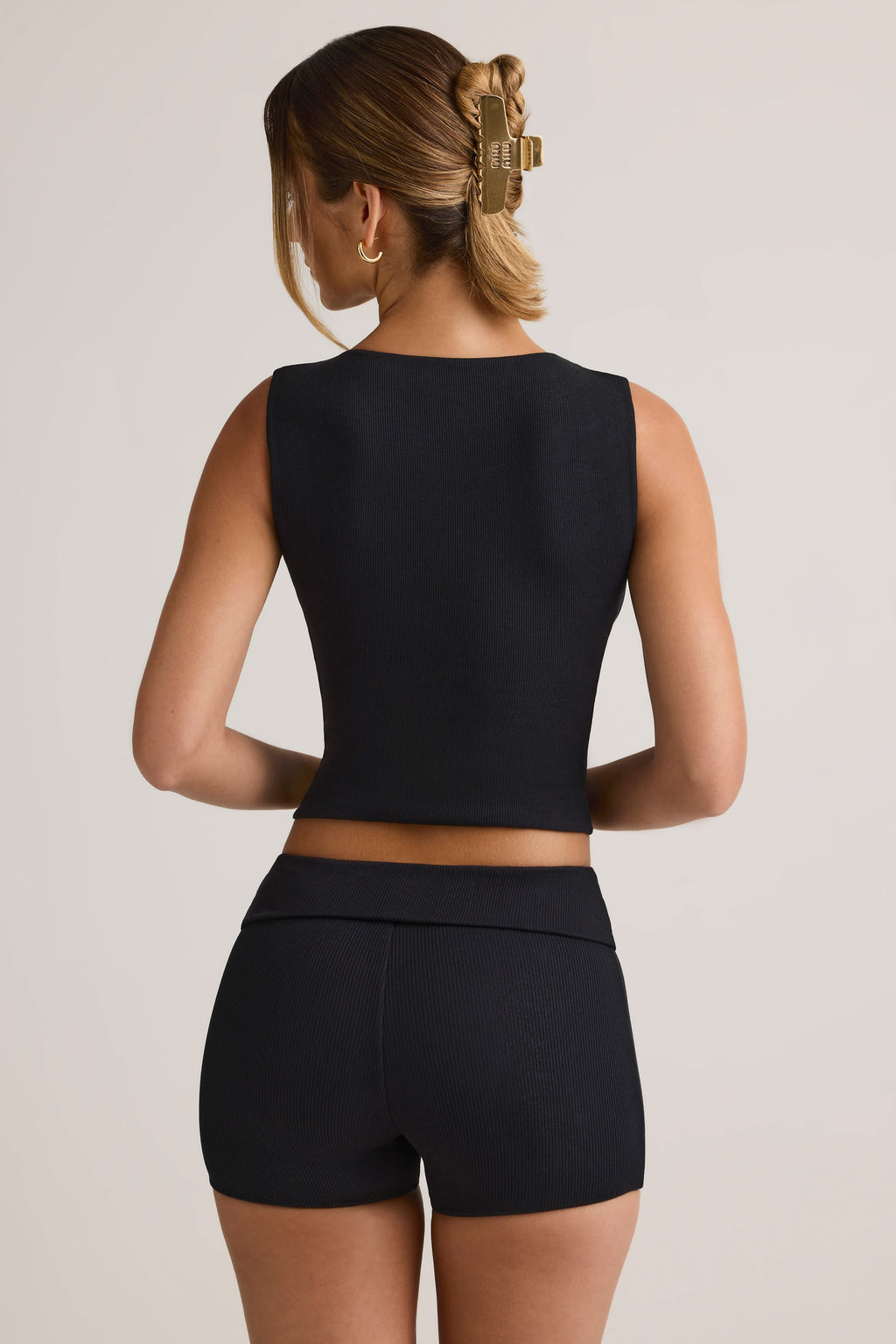 Modal Ribbed Mid-Rise Foldover Shorts in Black