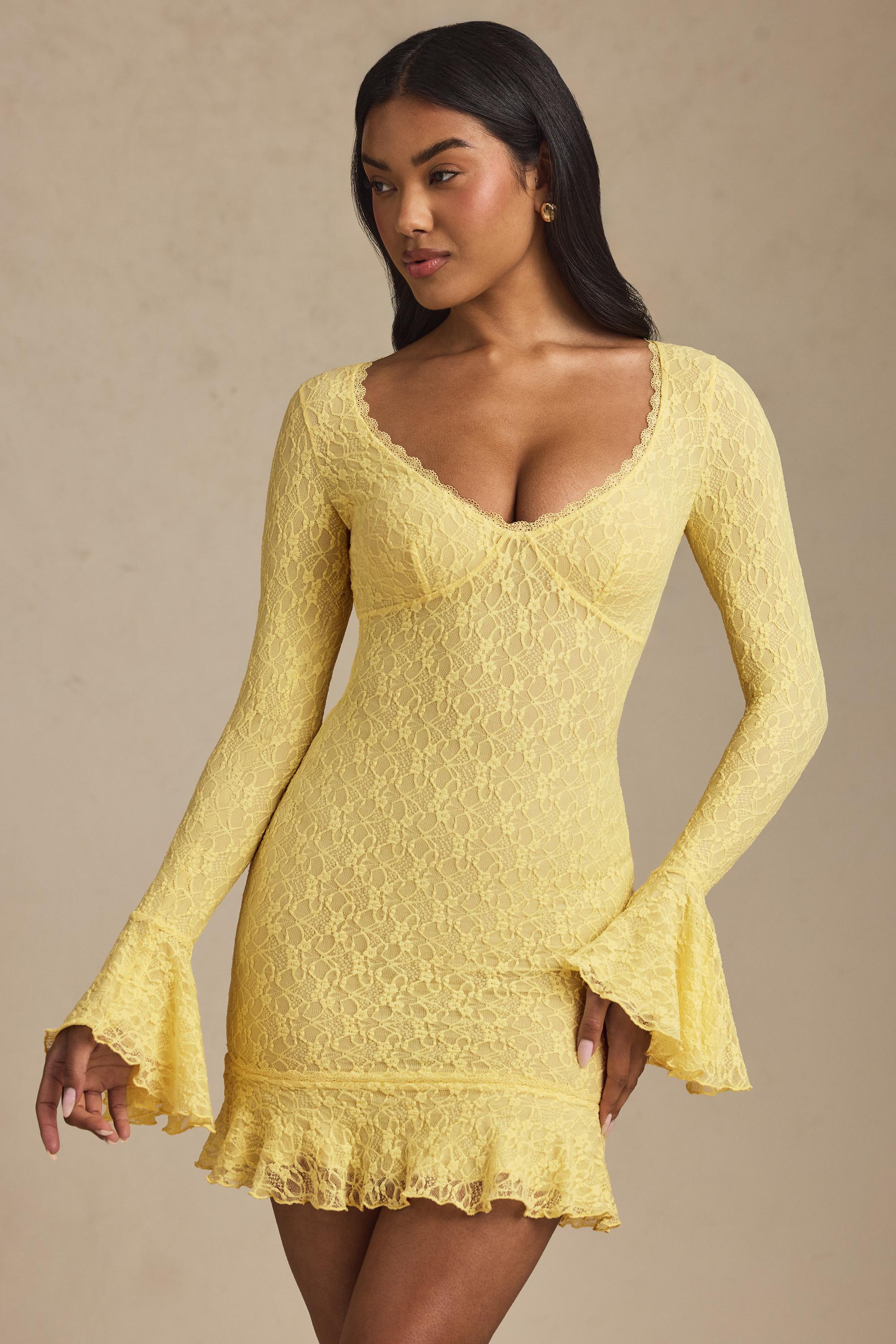 Long-Sleeve Ruffled Lace Mini Dress in Pastel Yellow